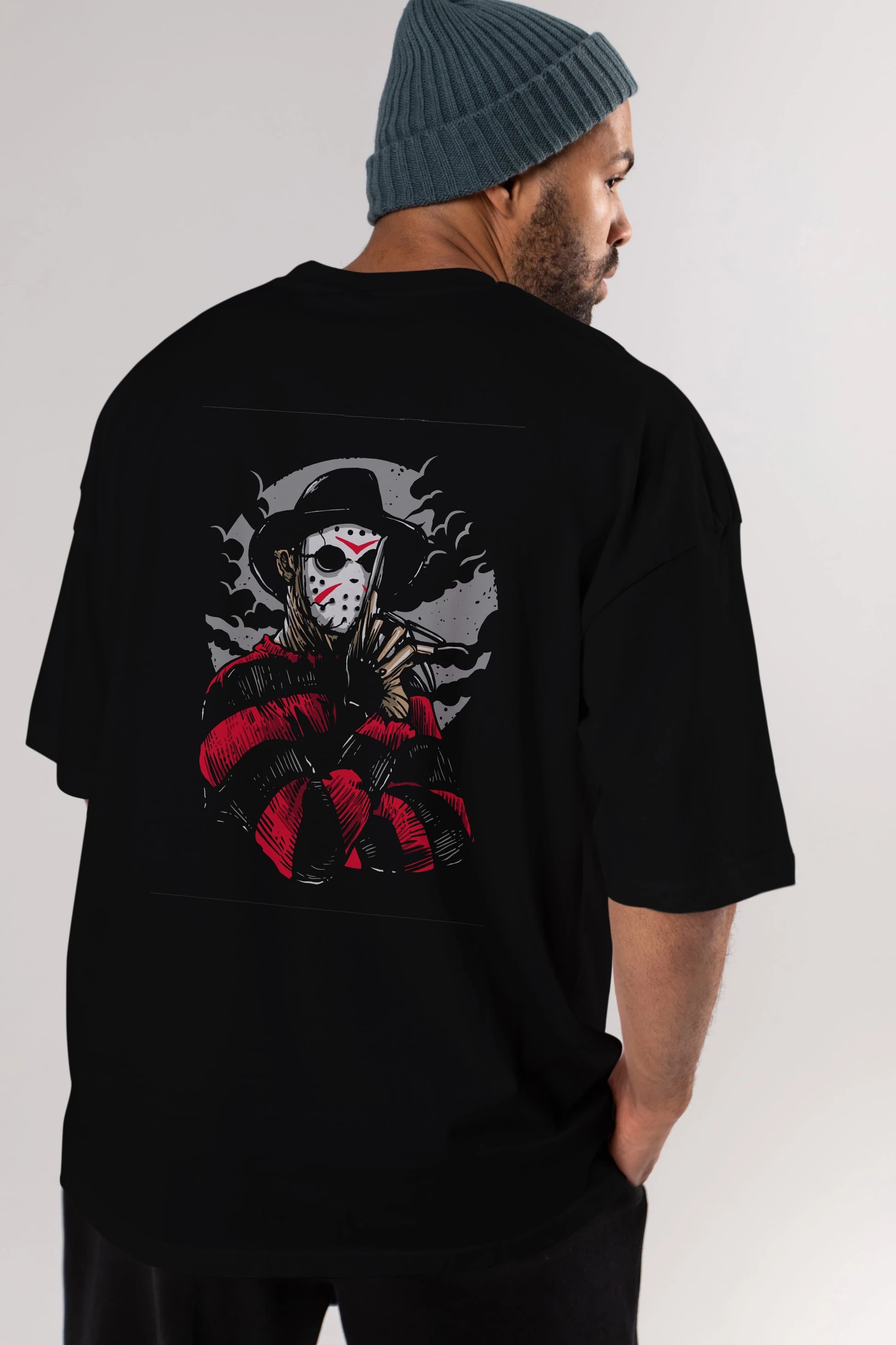 Freddy VS Jason (2) Arka Baskılı Oversize t-shirt Erkek Kadın Unisex %100 Pamuk