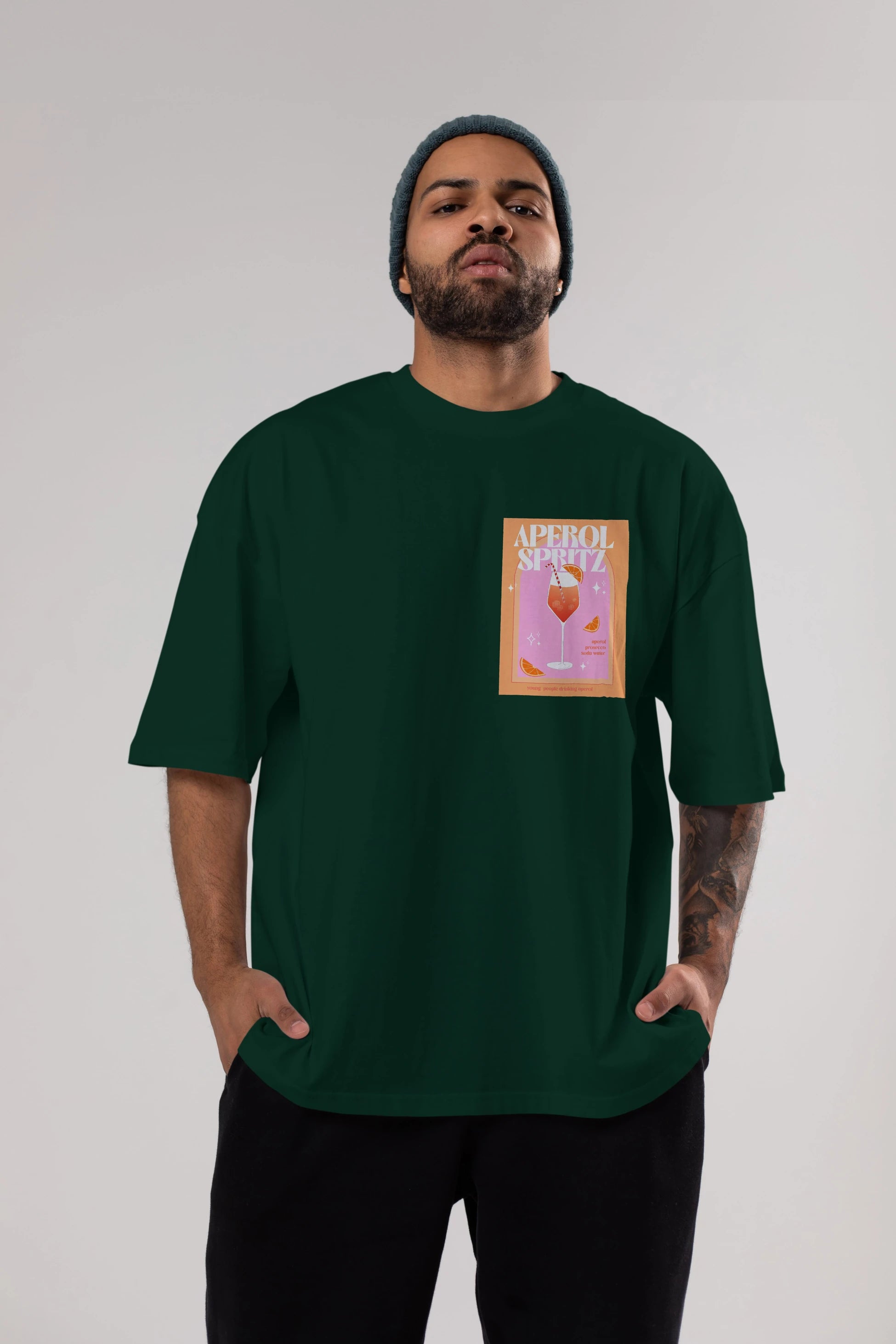 Aperol Spritz 2 Ön Sol Baskılı Oversize t-shirt Erkek Kadın Unisex %100 Pamuk Bisiklet Yaka tişort