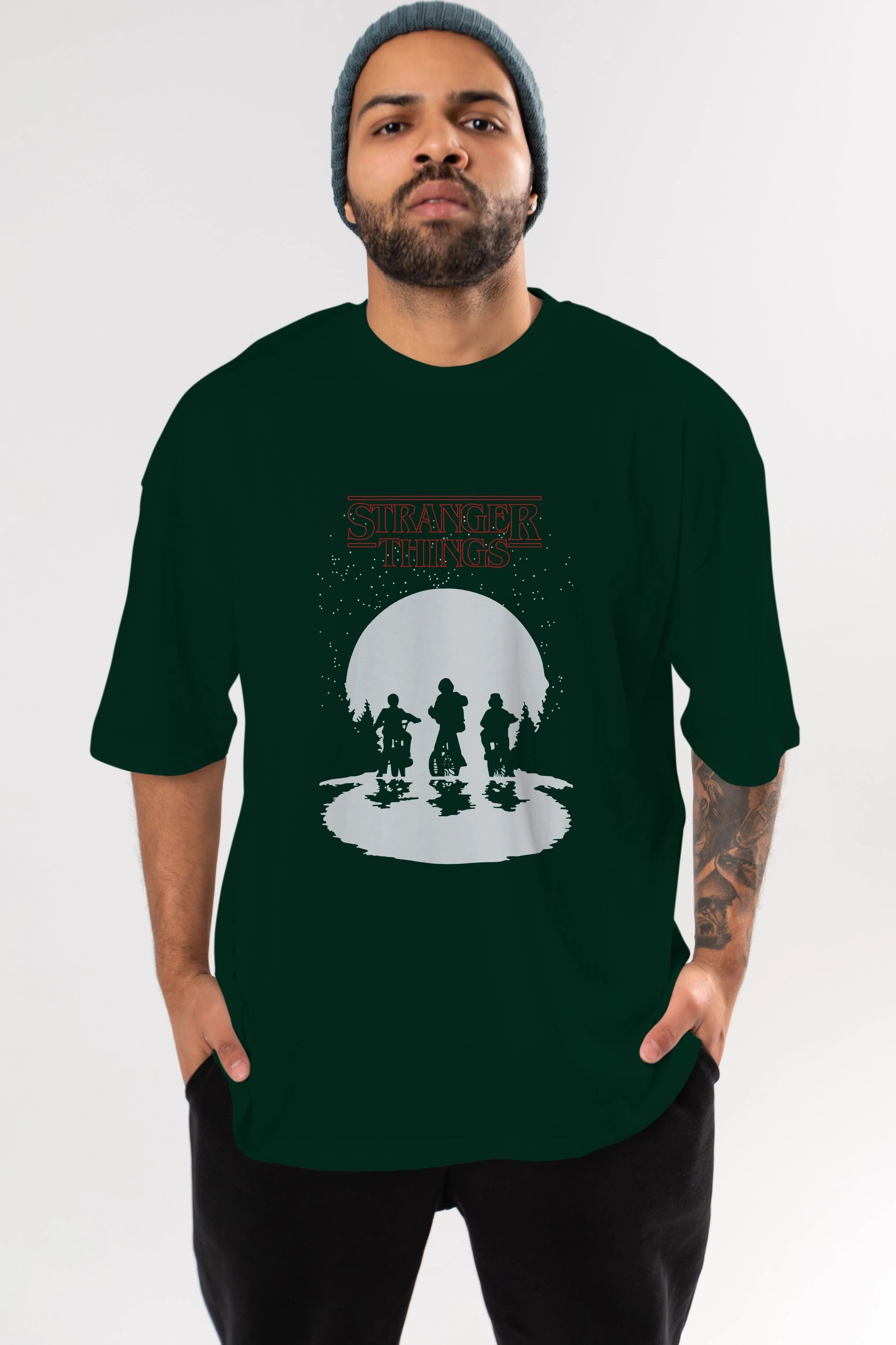 Stranger Things Ön Baskılı Oversize t-shirt Erkek Kadın Unisex %100 Pamuk Bisiklet Yaka tişort