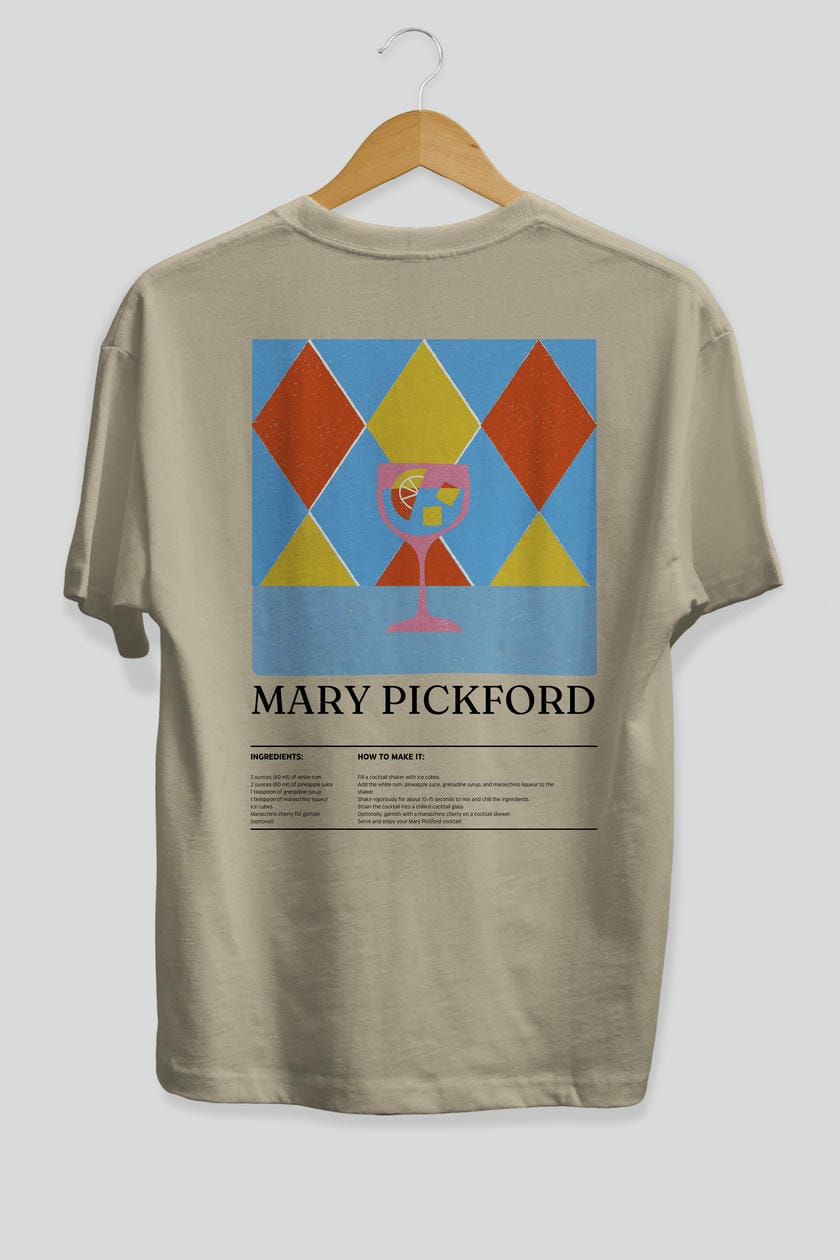 Mary Pickford Kokteyl Serisi Arka Baskılı Oversize t-shirt Erkek Kadın %100 Pamuk Bisiklet Yaka tişort