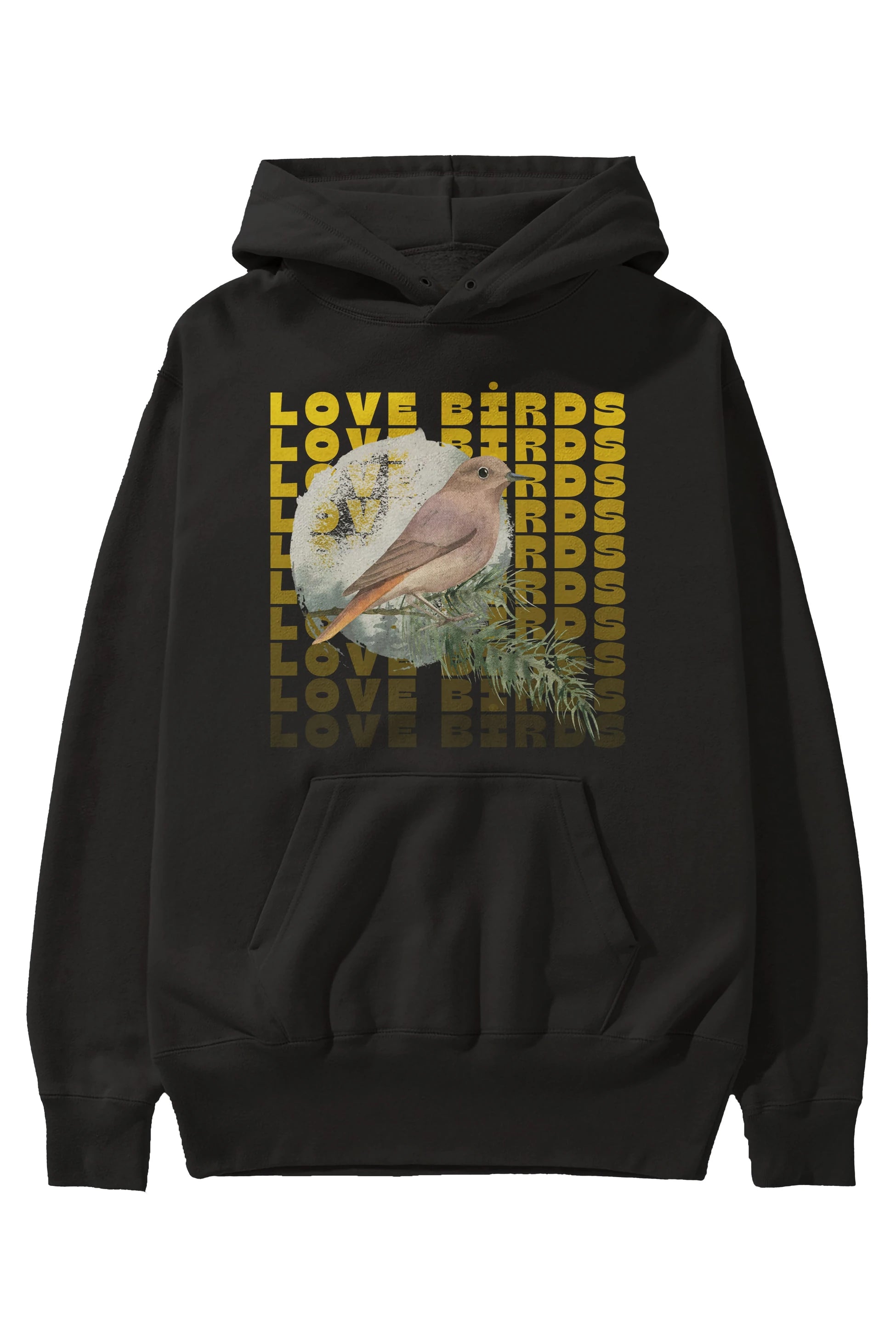 Love Birds Yazılı Ön Baskılı Oversize Hoodie Kapüşonlu Sweatshirt Erkek Kadın Unisex
