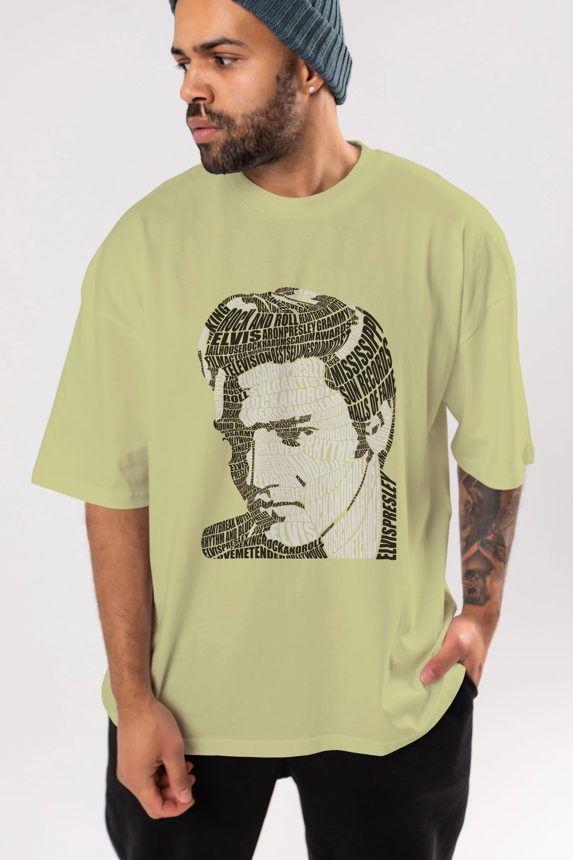 Elvis Presley Calligram Ön Baskılı Oversize t-shirt %100 pamuk Erkek Kadın Unisex
