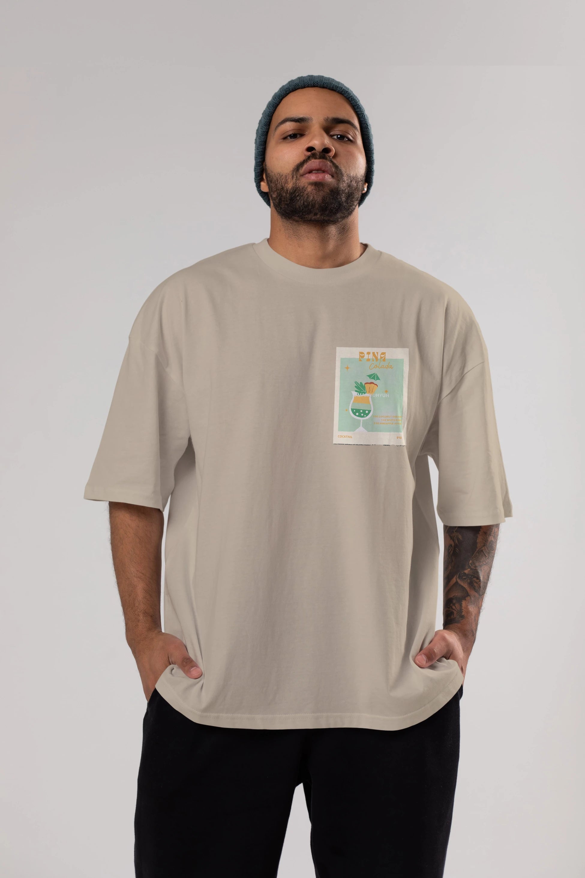 Pina Colada Ön Sol Baskılı Oversize t-shirt Erkek Kadın Unisex %100 Pamuk Bisiklet Yaka tişort