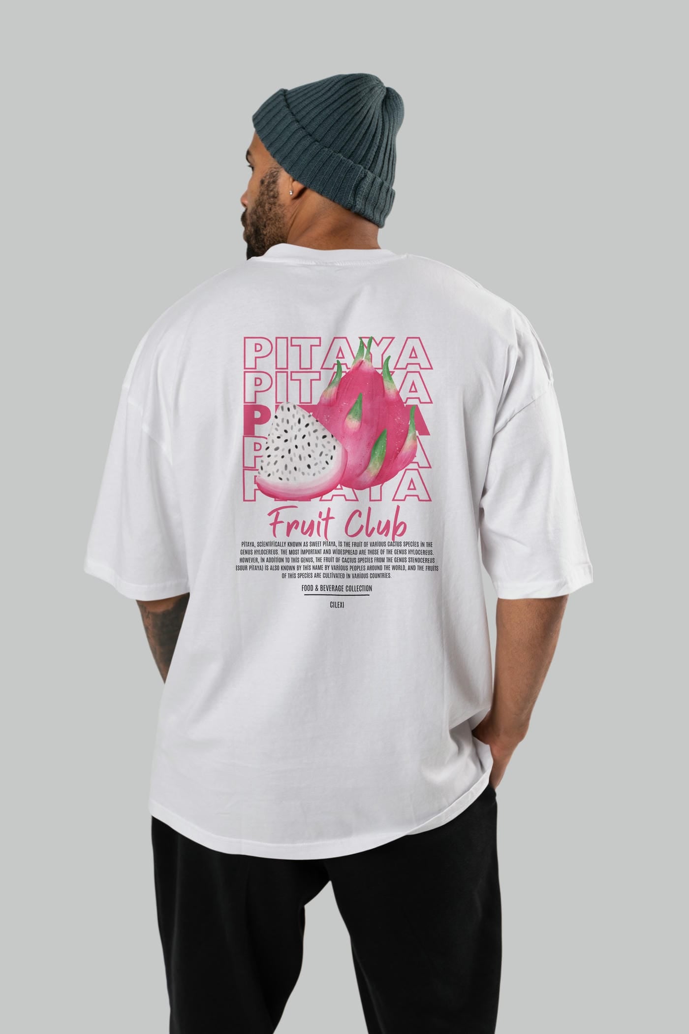 Pitaya Arka Baskılı Oversize t-shirt Erkek Kadın Pamuk Bisiklet Yaka tişort