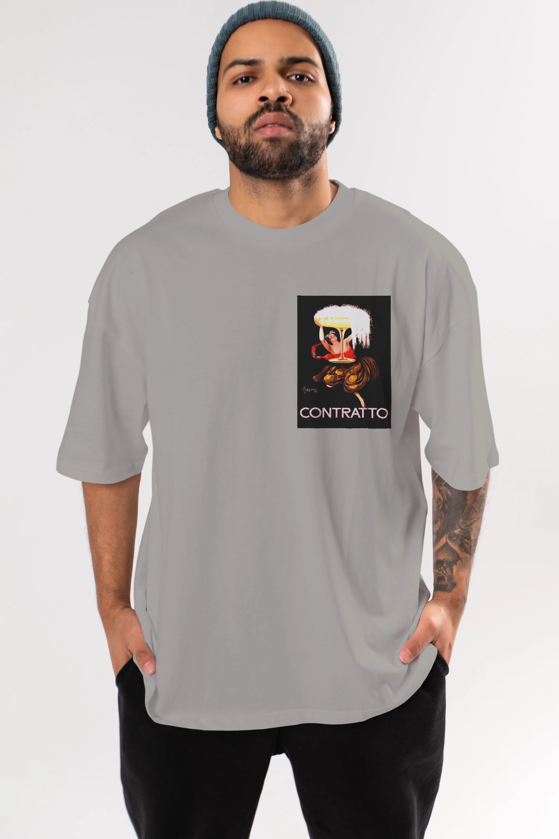 Contratto Ön Sol Baskılı Oversize t-shirt Erkek Kadın Unisex %100 Pamuk Bisiklet Yaka tişort