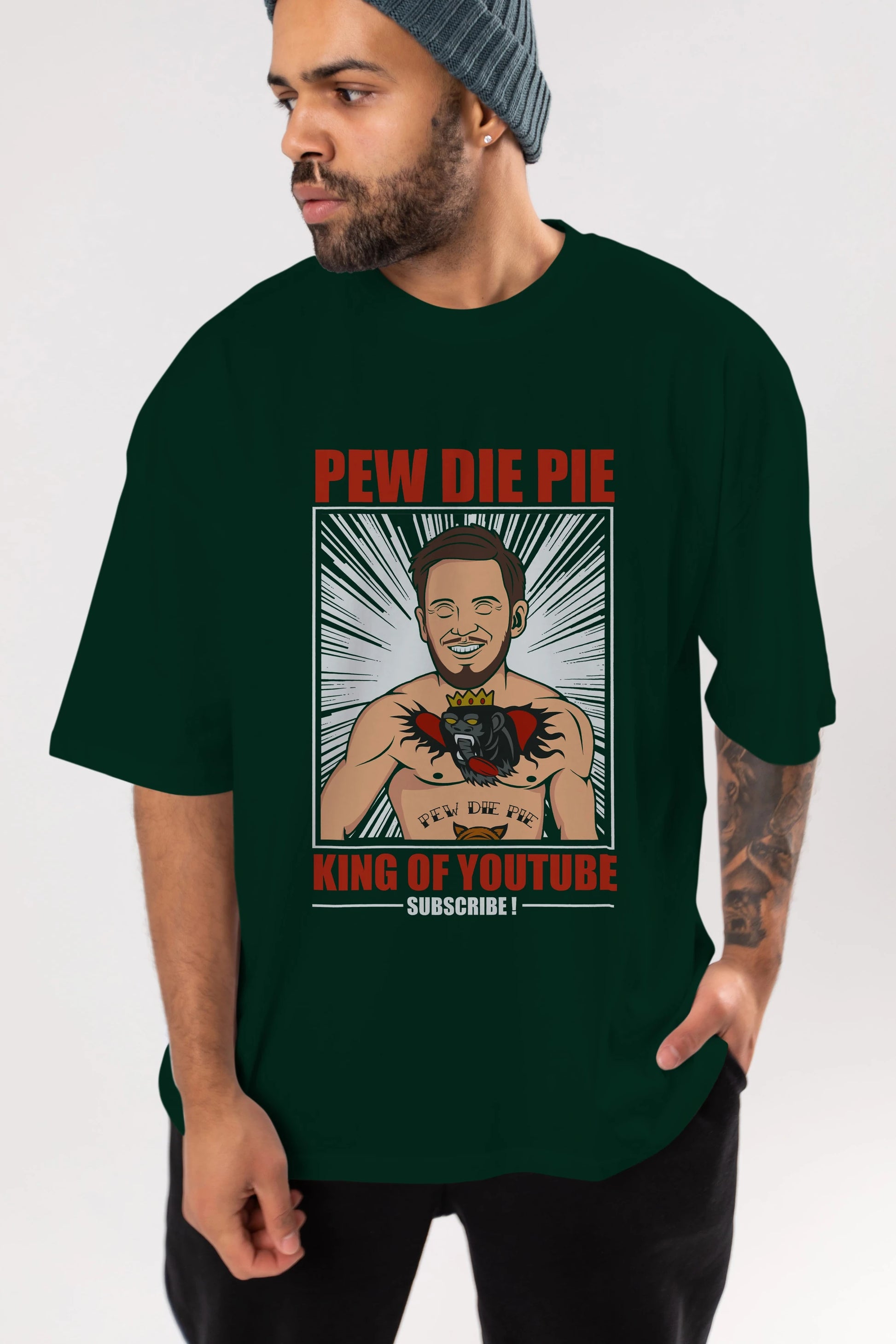 Pew Die Pie Fighter Ön Baskılı Oversize t-shirt Erkek Kadın Unisex %100 Pamuk tişort