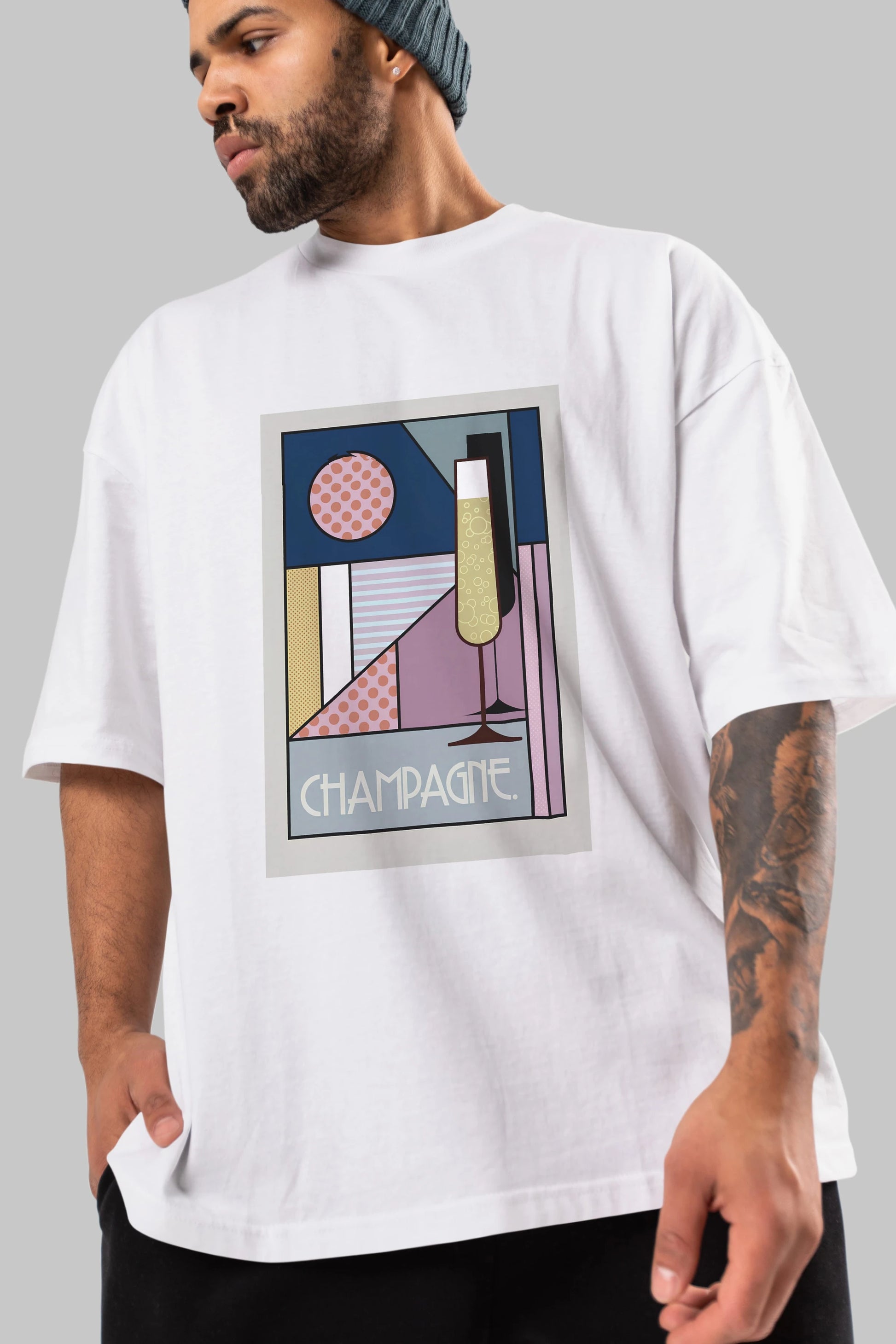 Champagne Ön Baskılı Oversize t-shirt Erkek Kadın Unisex %100 Pamuk Bisiklet Yaka tişort