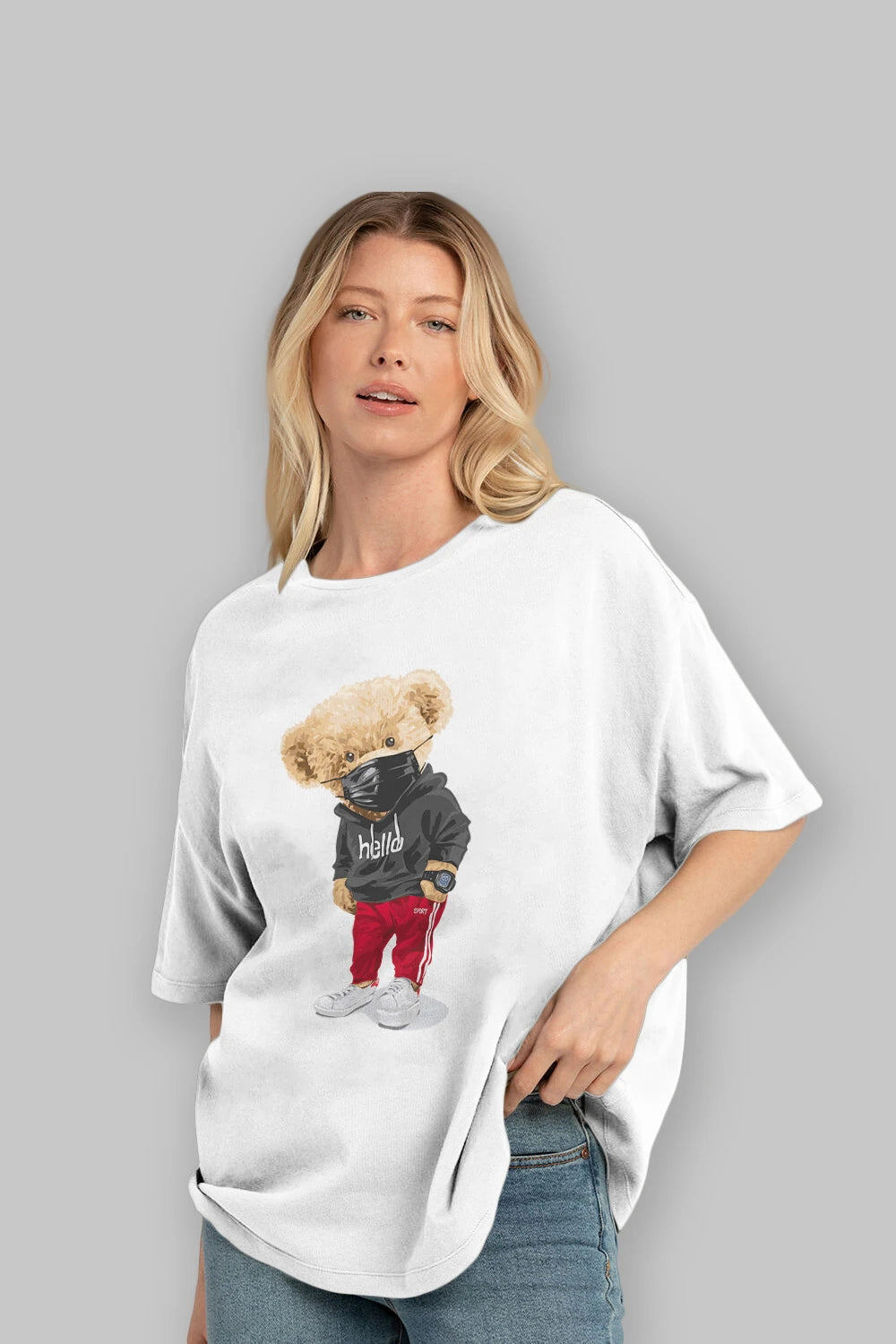 Teddy Bear Hello Sport Ön Baskılı Oversize t-shirt Erkek Kadın Unisex %100 Pamuk