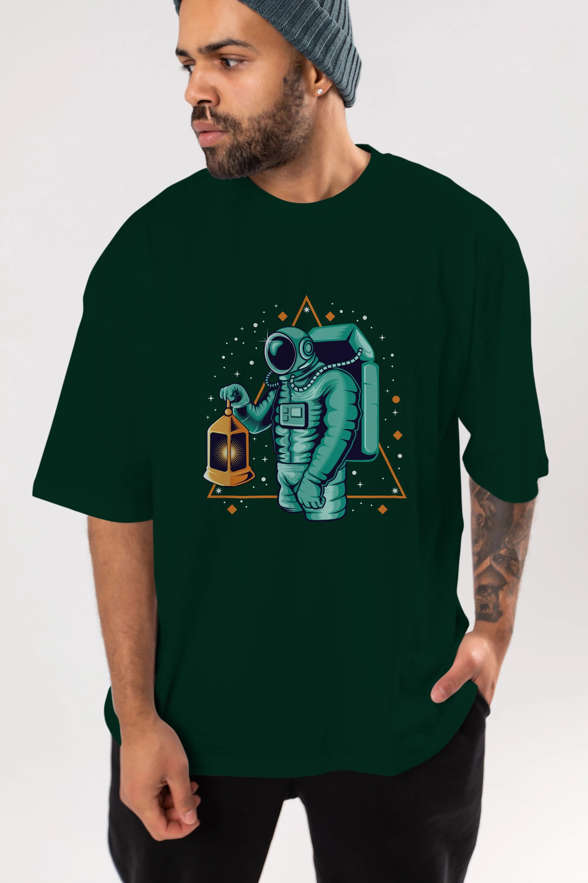 Astronaut Lantern Ön Baskılı Oversize t-shirt Erkek Kadın Unisex