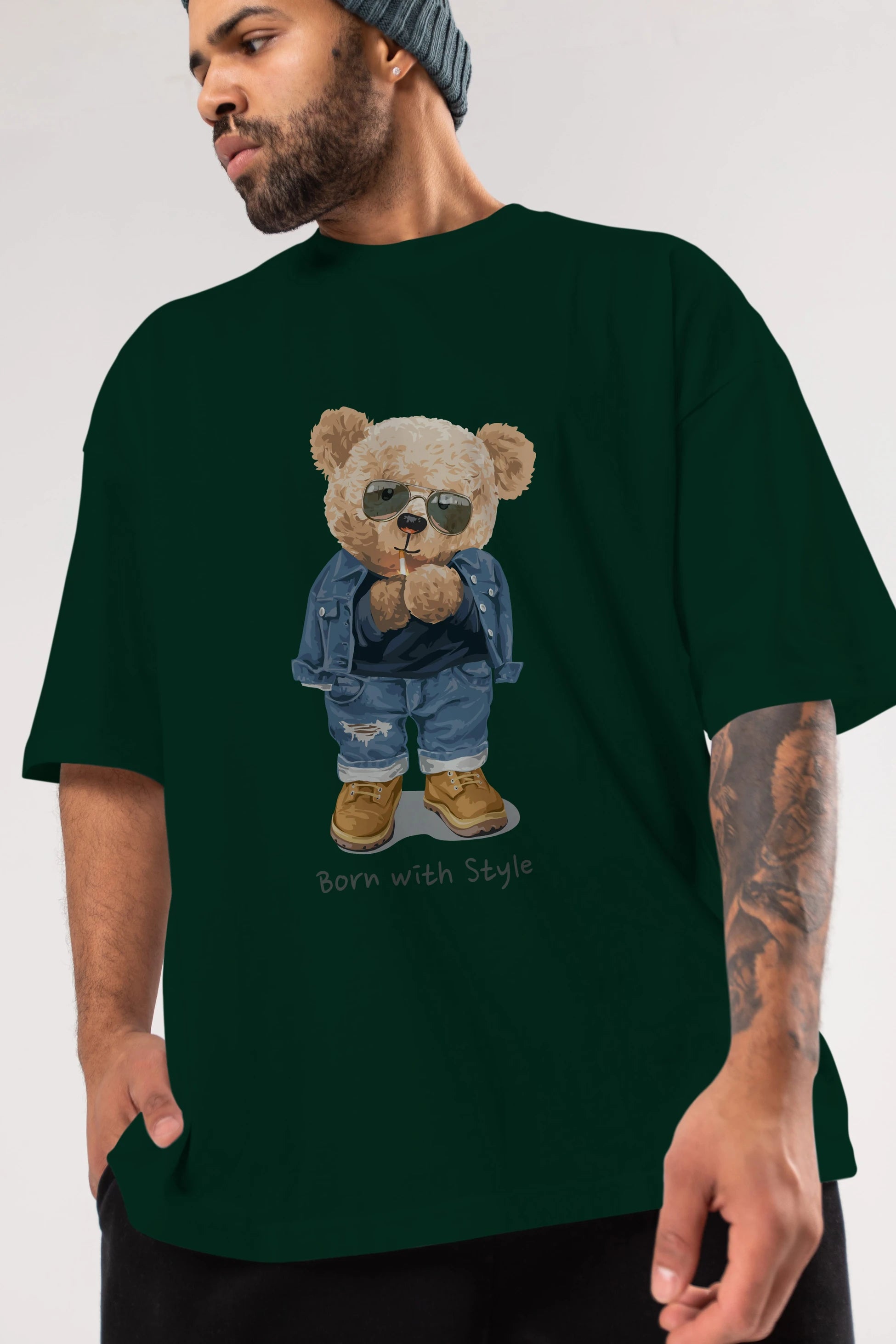 Teddy Bear Born With Style Ön Baskılı Oversize t-shirt Erkek Kadın Unisex %100 Pamuk