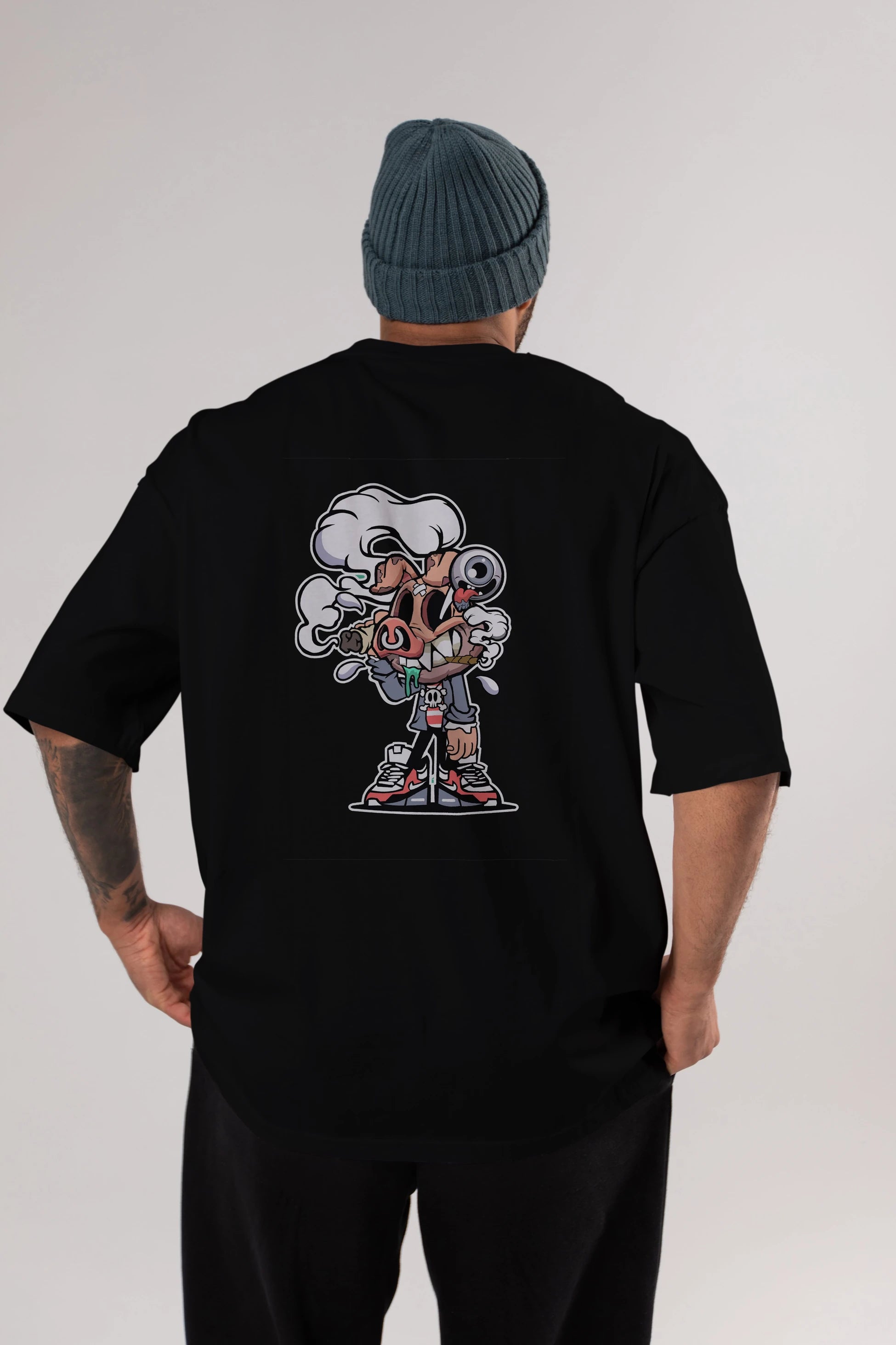 Pig Smoker Arka Baskılı Oversize t-shirt Erkek Kadın Unisex %100 Pamuk tişort