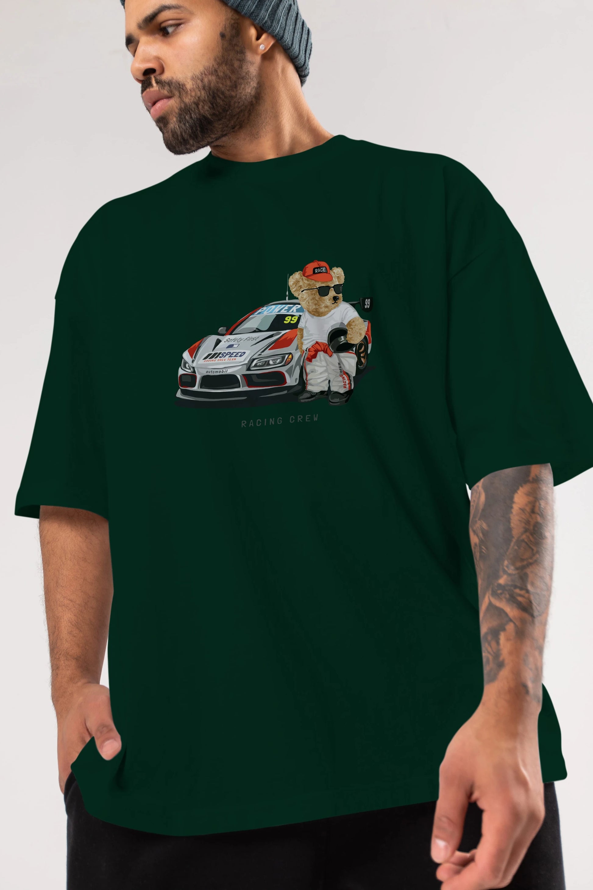Teddy Bear Racing Crew Ön Baskılı Oversize t-shirt Erkek Kadın Unisex %100 Pamuk