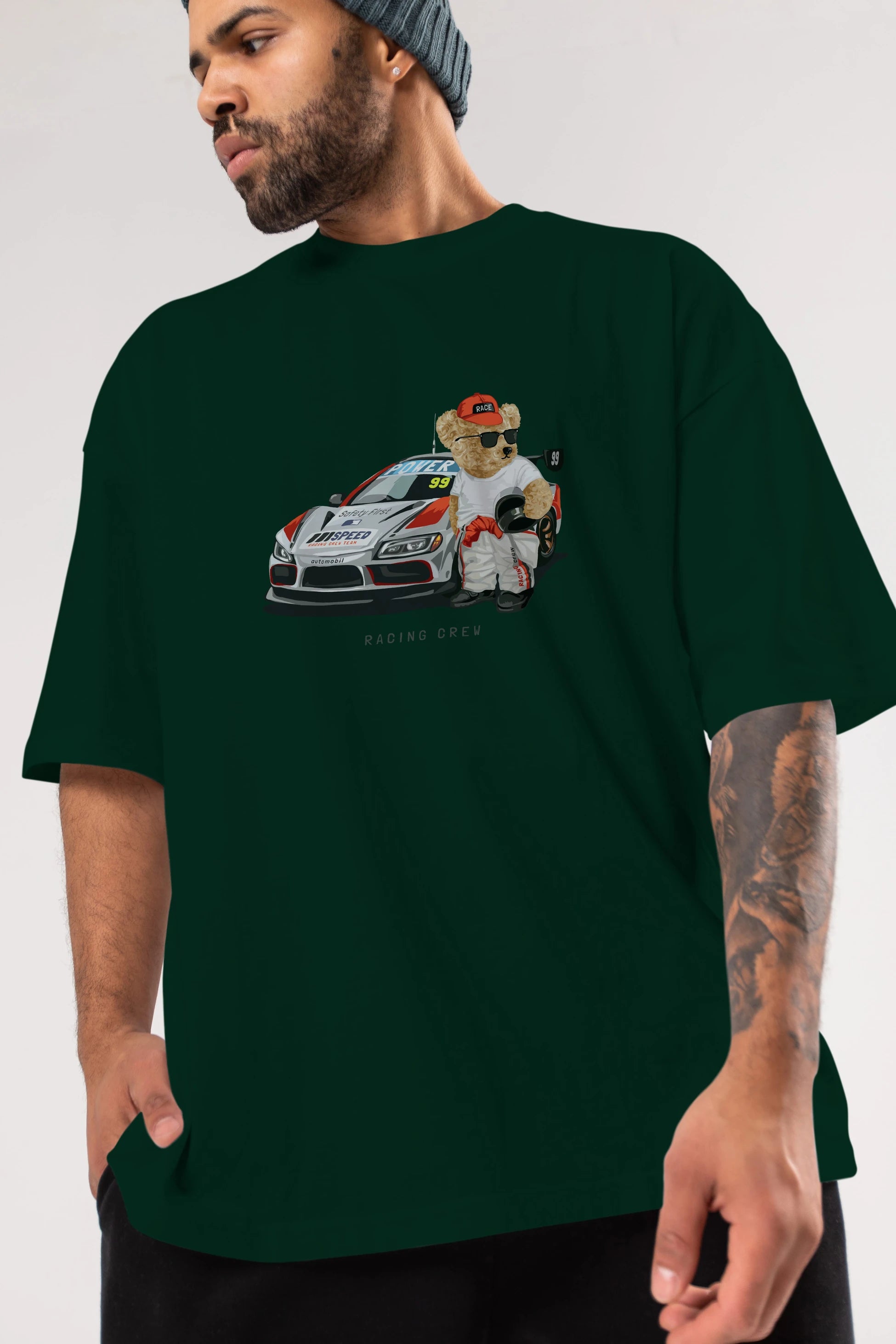 Teddy Bear Racing Crew Ön Baskılı Oversize t-shirt Erkek Kadın Unisex %100 Pamuk