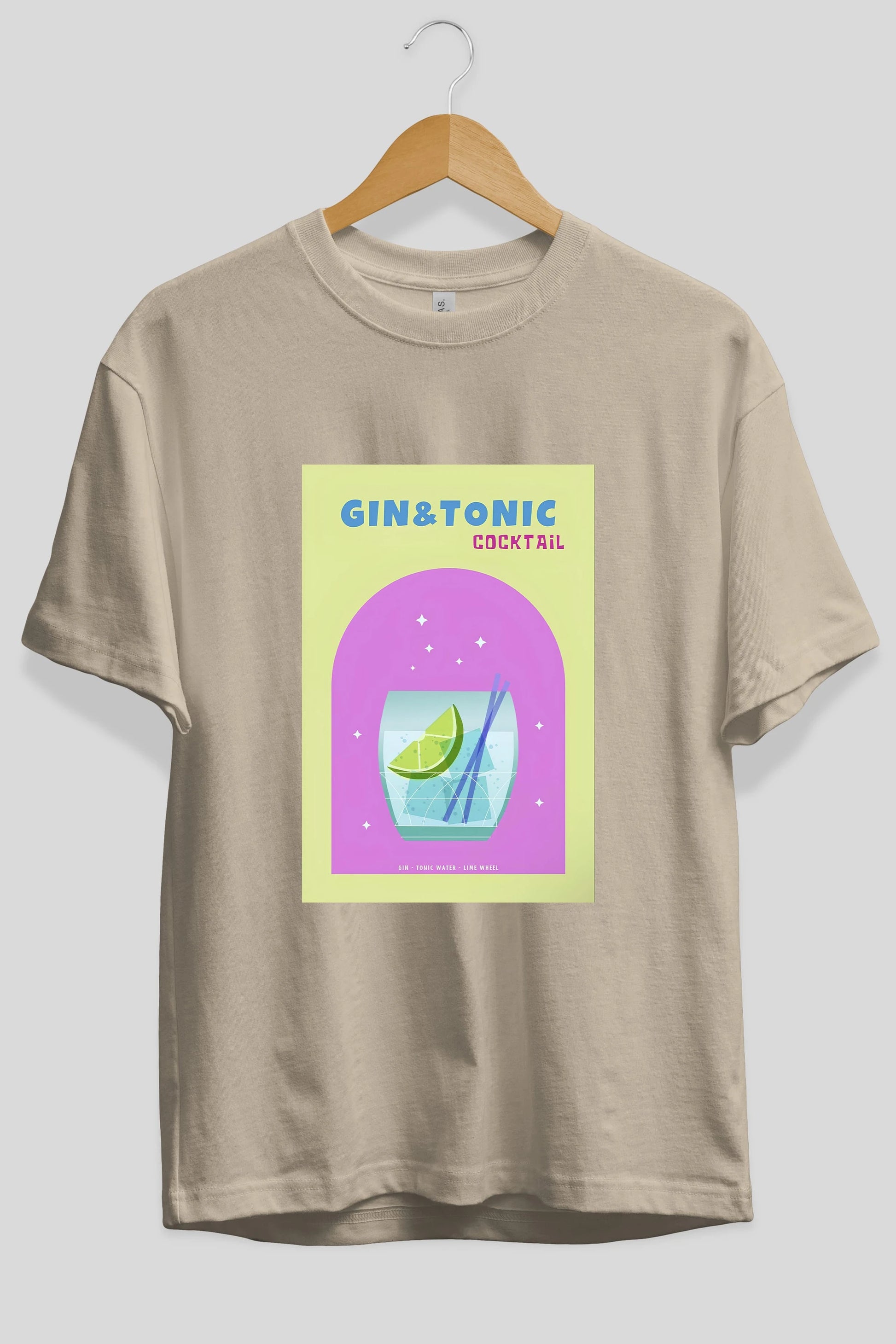 Gin Tonic Cocktail Ön Baskılı Oversize t-shirt Erkek Kadın Unisex %100 Pamuk Bisiklet Yaka tişort