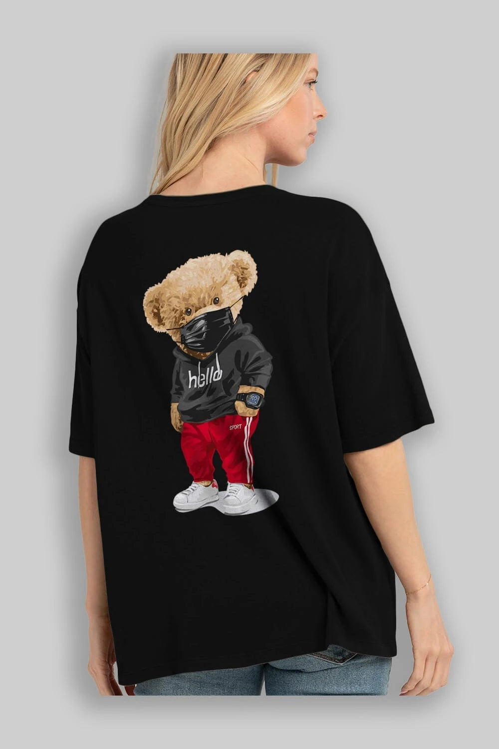Teddy Bear Hello Sport Arka Baskılı Oversize t-shirt Erkek Kadın Unisex %100 Pamuk