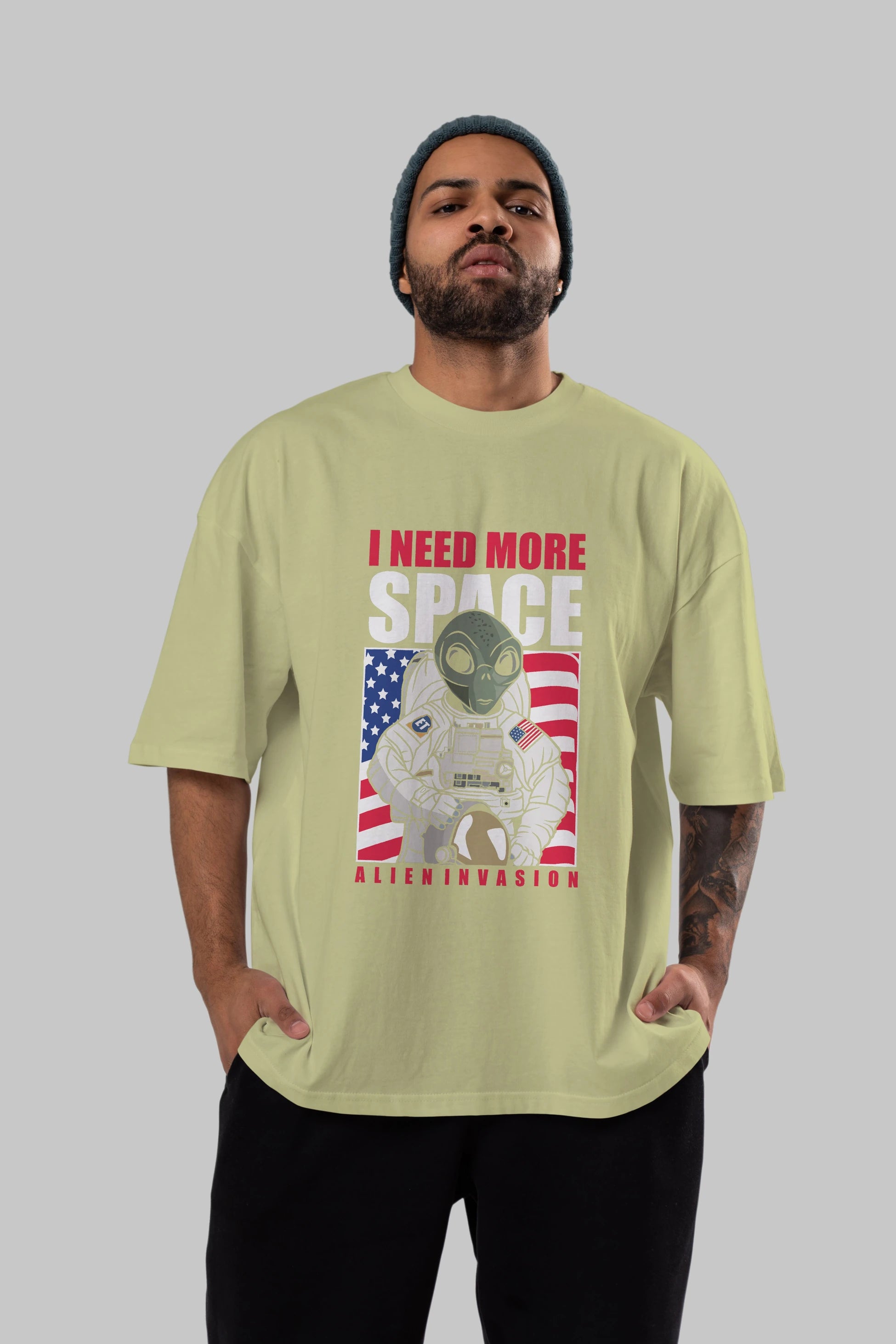 Alien Astronaut Ön Baskılı Oversize t-shirt Erkek Kadın Unisex %100 Pamuk tişort