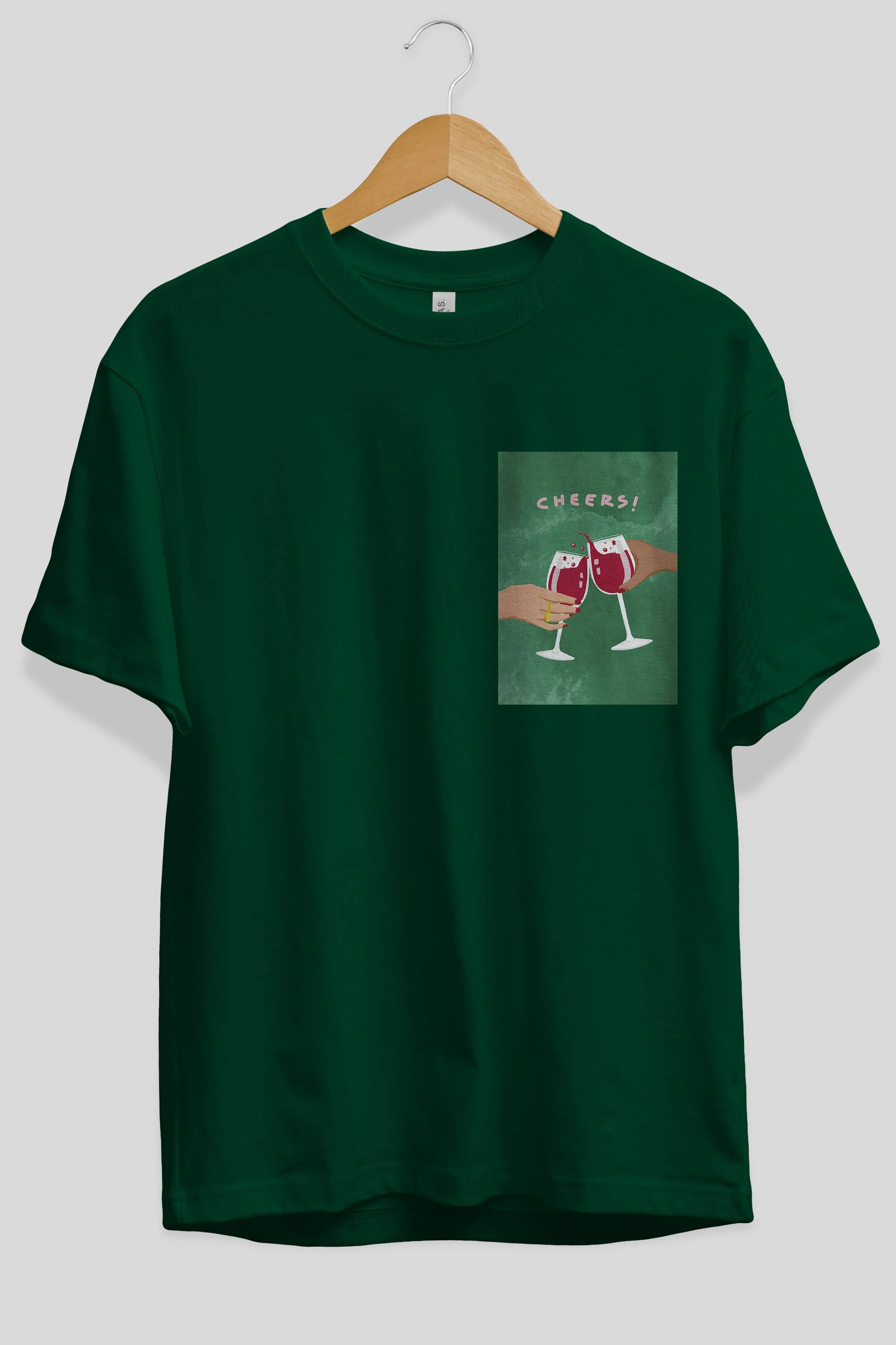 Cheers Ön Sol Baskılı Oversize t-shirt Erkek Kadın Unisex %100 Pamuk Bisiklet Yaka tişort