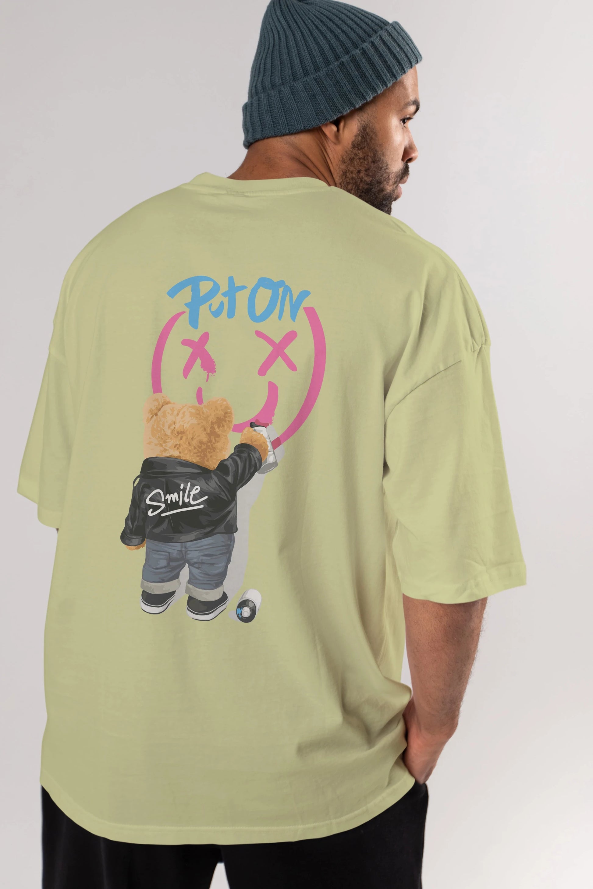 Put on Smile Bear Arka Baskılı Oversize t-shirt Erkek Kadın Unisex