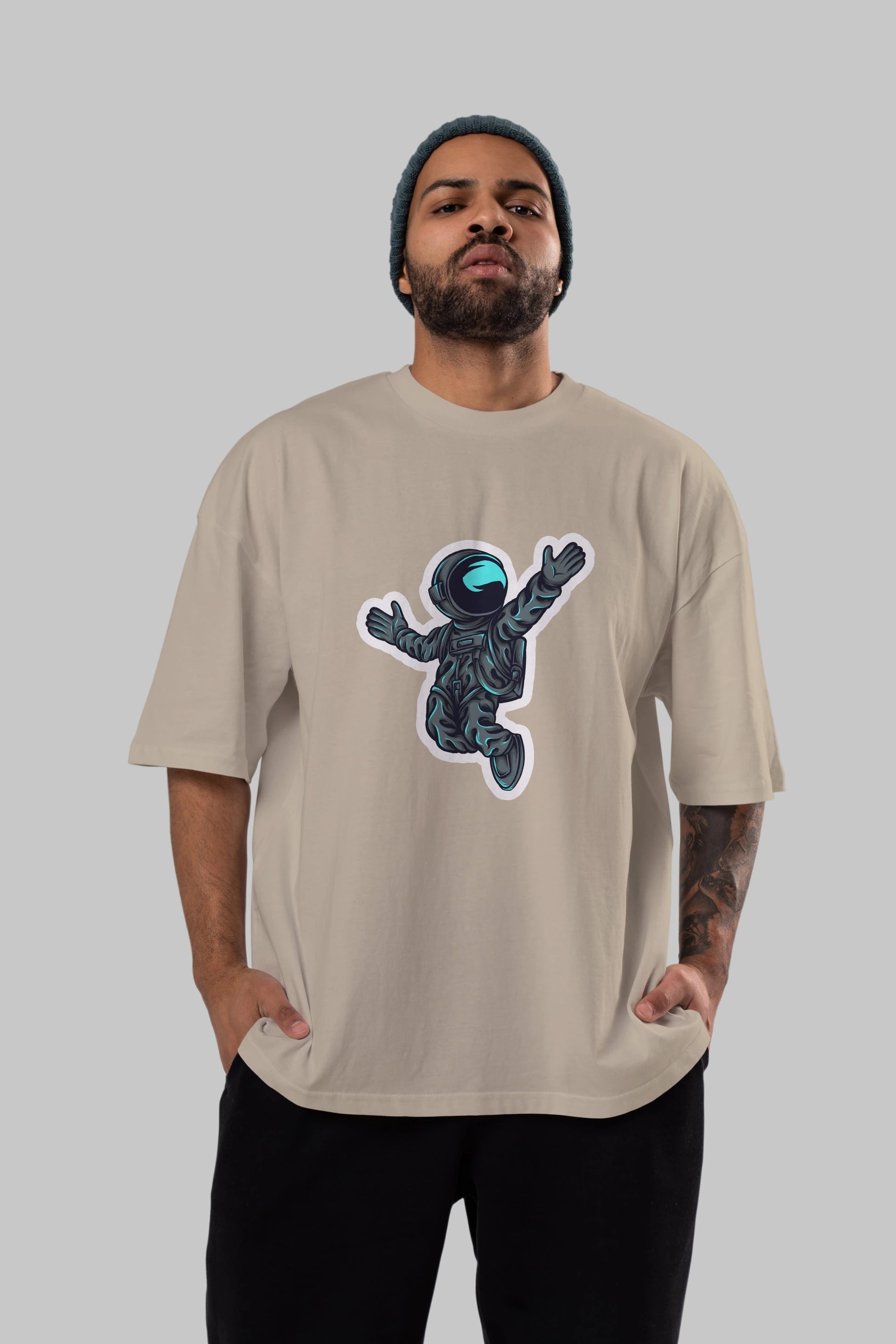 Happy Astronaut Sticker Ön Baskılı Oversize t-shirt Erkek Kadın Unisex