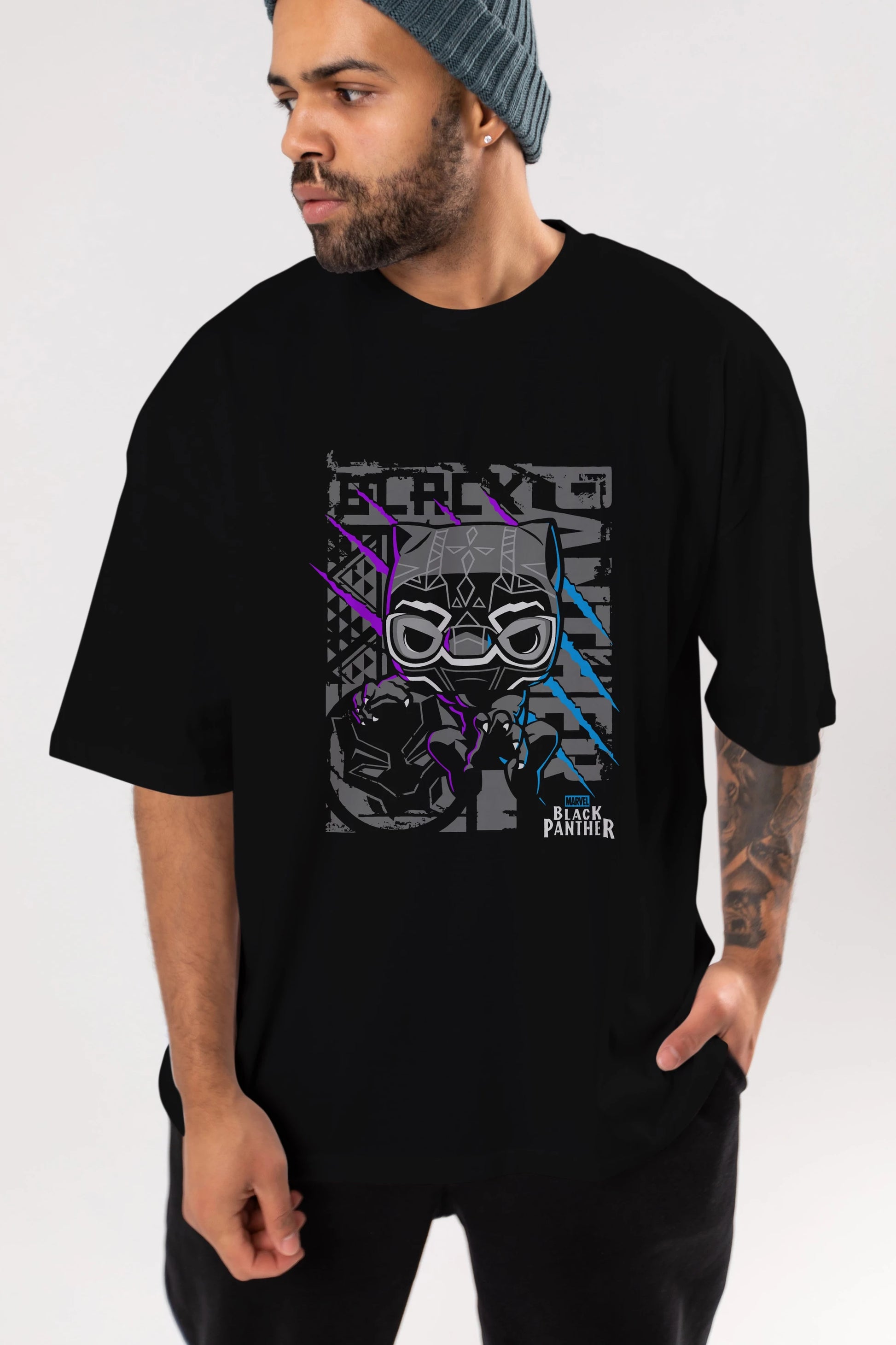 Black Panther Ön Baskılı Oversize t-shirt Erkek Kadın Unisex %100 Pamuk Bisiklet Yaka tişort