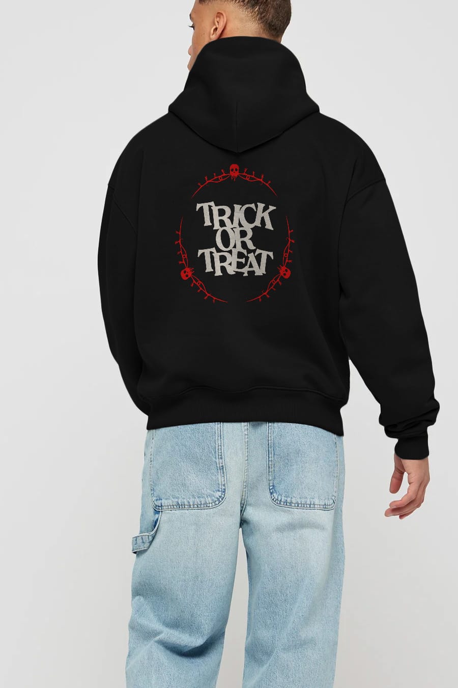Trick or Treat Yazılı Arka Baskılı Oversize Hoodie Kapüşonlu Sweatshirt Erkek Kadın Unisex