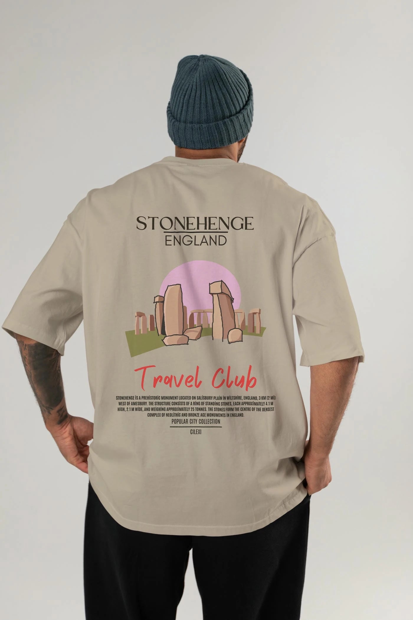 Stonehenge England Arka Baskılı Oversize t-shirt Erkek Kadın Pamuk Bisiklet Yaka tişort
