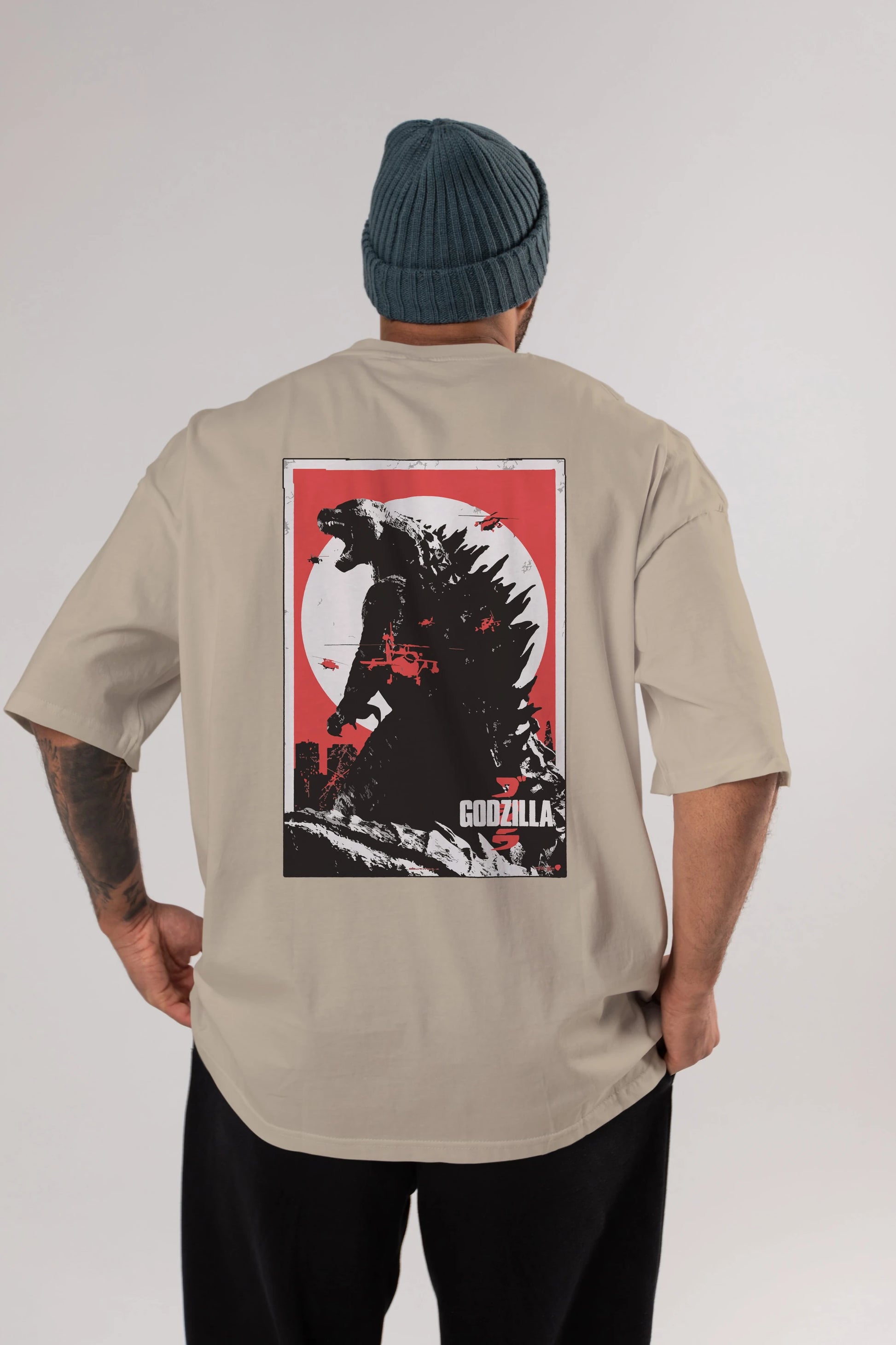 Godzilla (2) Arka Baskılı Oversize t-shirt Erkek Kadın Unisex %100 Pamuk Bisiklet Yaka tişort