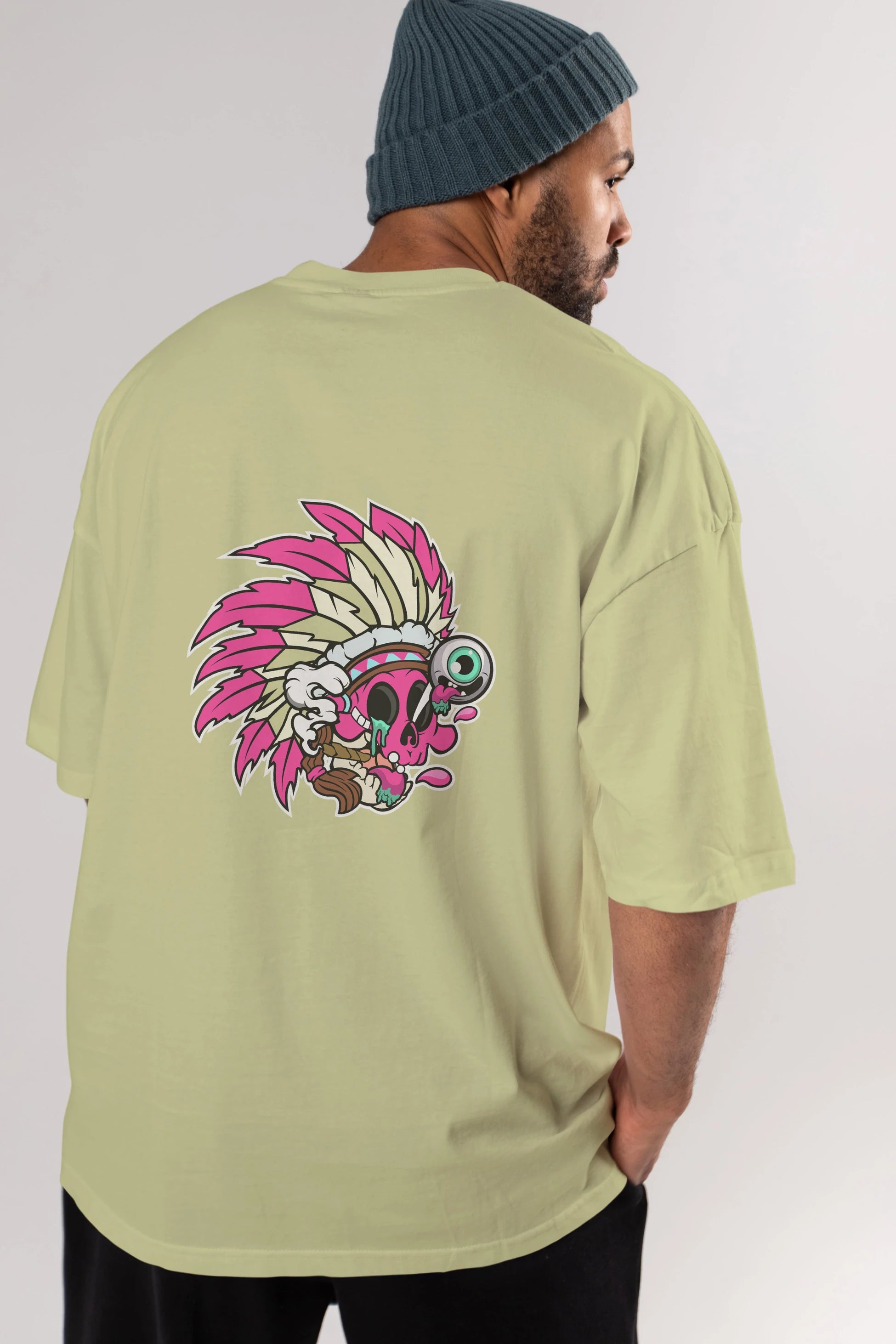 Skull Indian Arka Baskılı Oversize t-shirt Erkek Kadın Unisex %100 Pamuk tişort