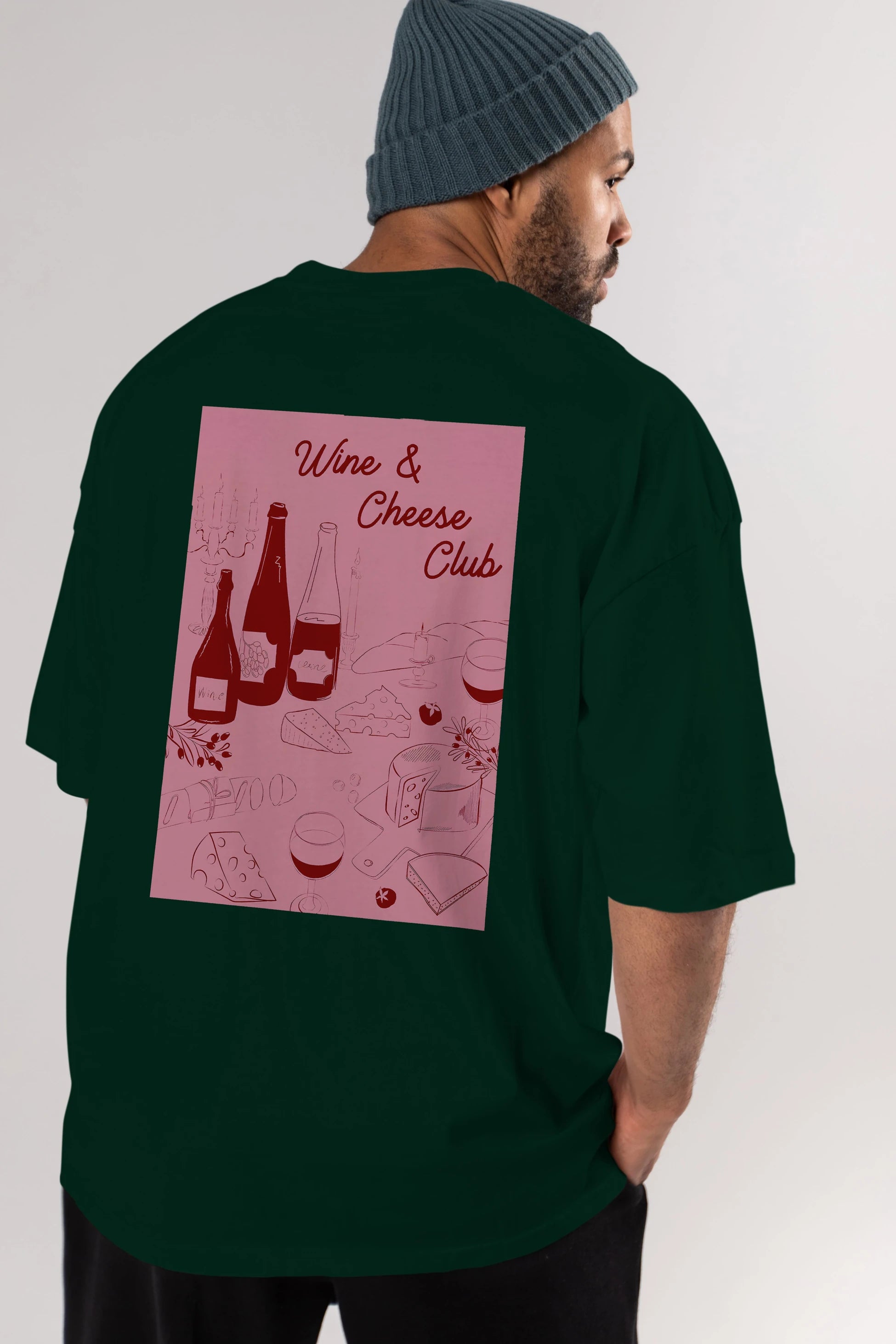 Wine Cheese Club Arka Baskılı Oversize t-shirt Erkek Kadın Unisex %100 Pamuk Bisiklet Yaka tişort