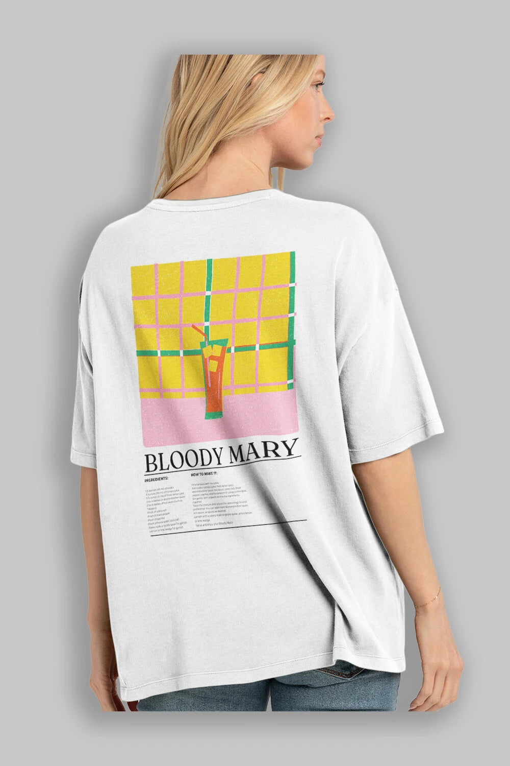 Bloody Mary Kokteyl Serisi Arka Baskılı Oversize t-shirt Erkek Kadın %100 Pamuk Bisiklet Yaka tişort