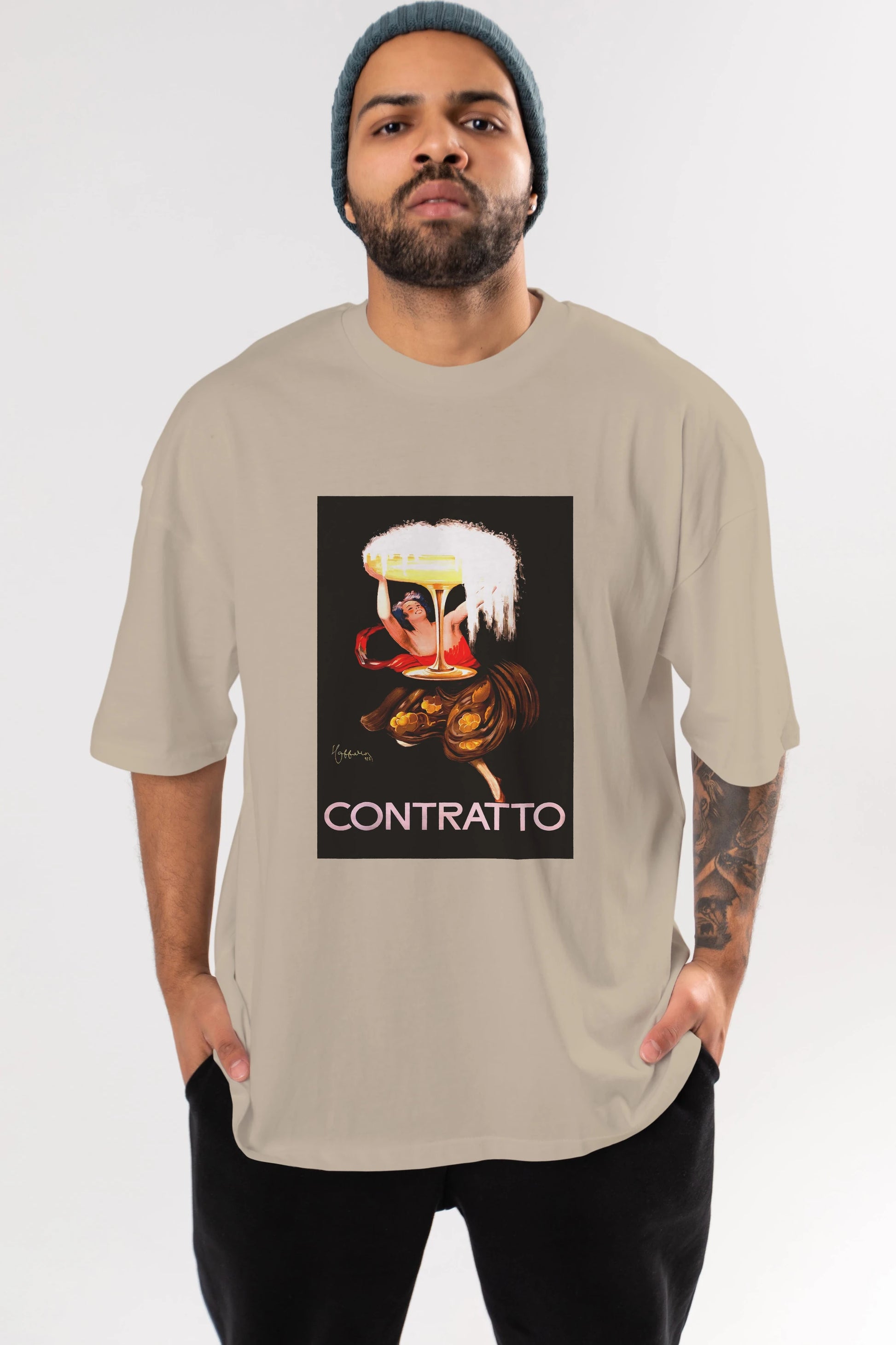 Contratto Ön Baskılı Oversize t-shirt Erkek Kadın Unisex %100 Pamuk Bisiklet Yaka tişort
