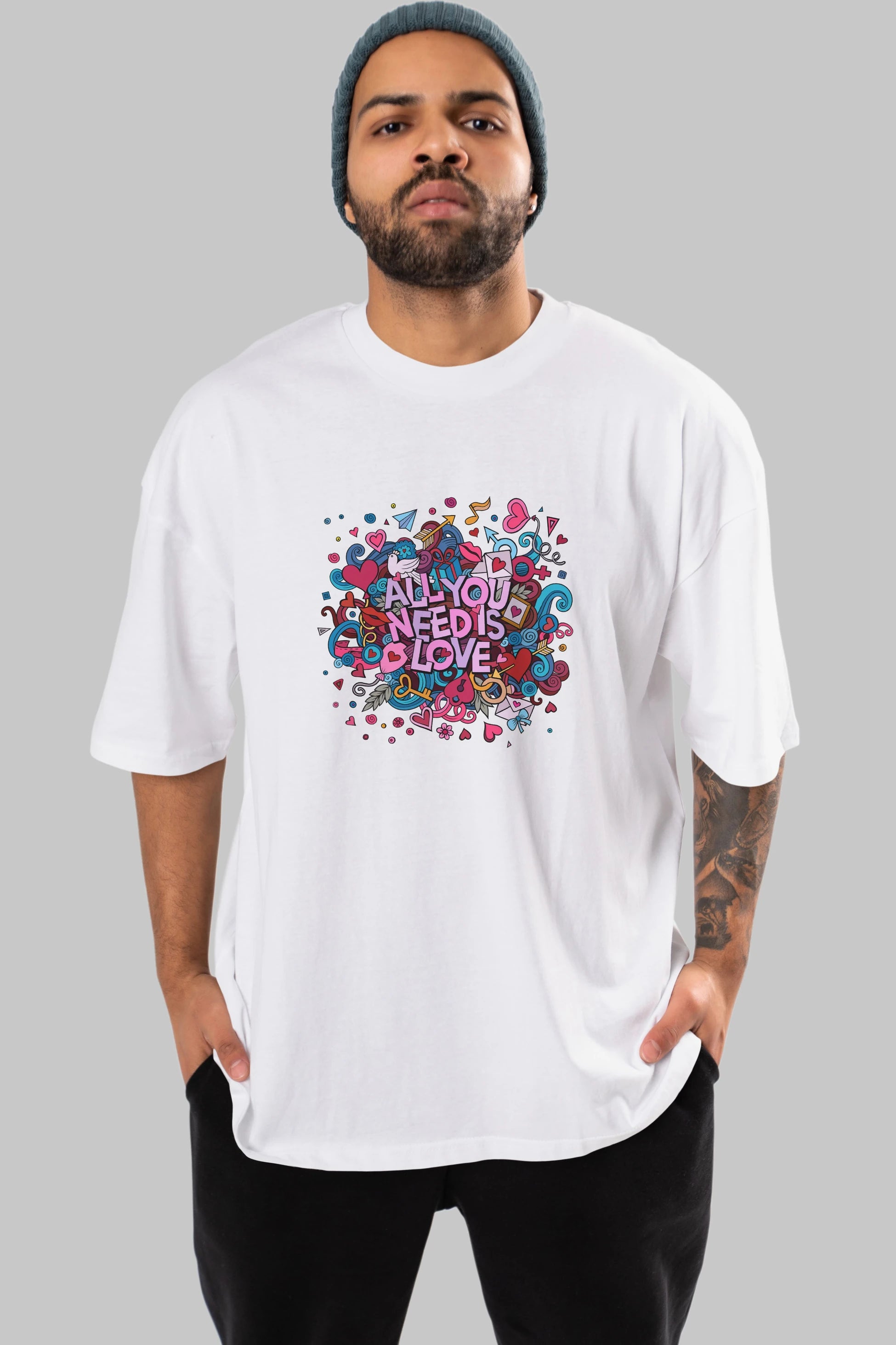Cute Fun Colorful Heart Art Love Ön Baskılı Oversize t-shirt Erkek Kadın Unisex
