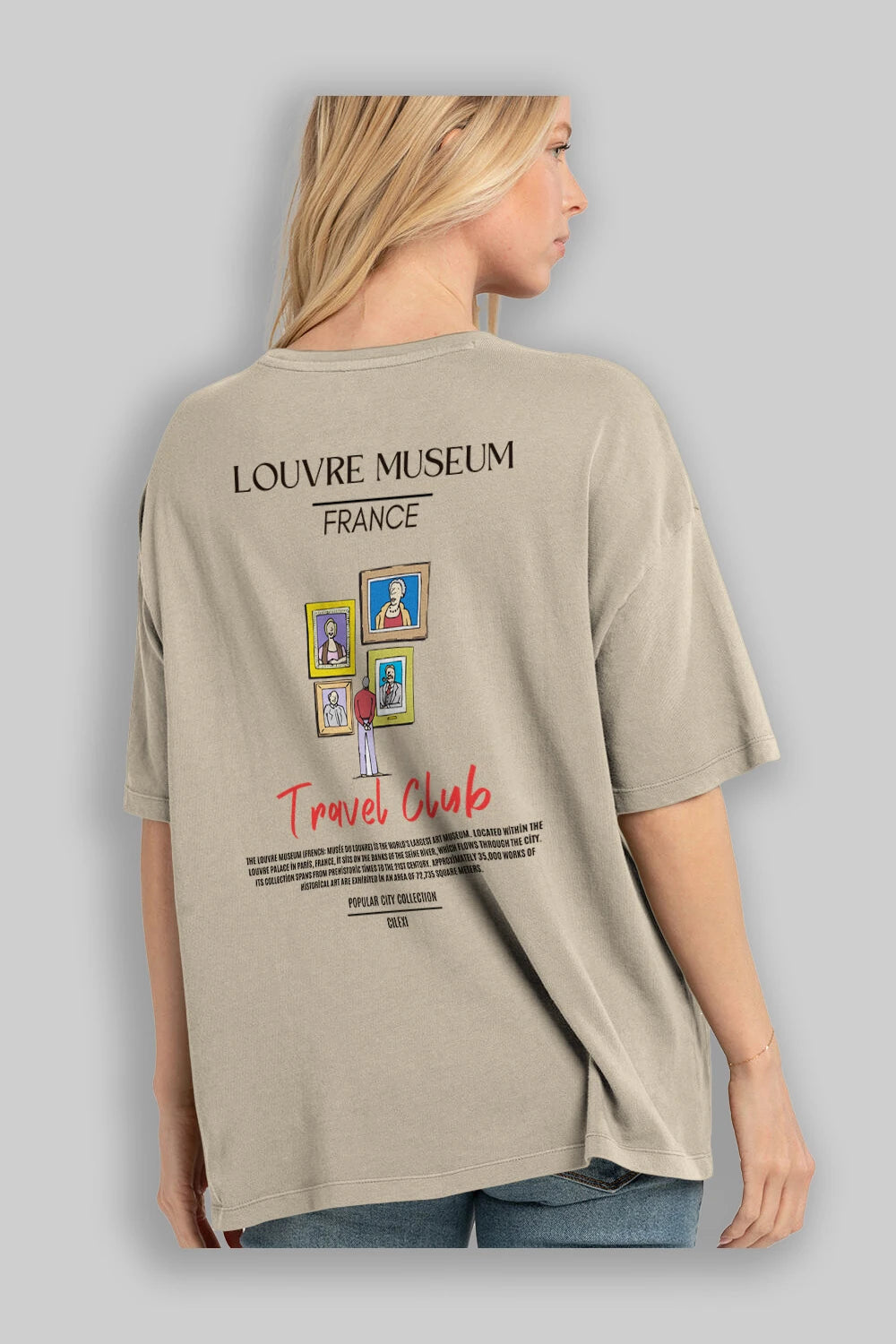 Louvre Museum France Arka Baskılı Oversize t-shirt Erkek Kadın Pamuk Bisiklet Yaka tişort