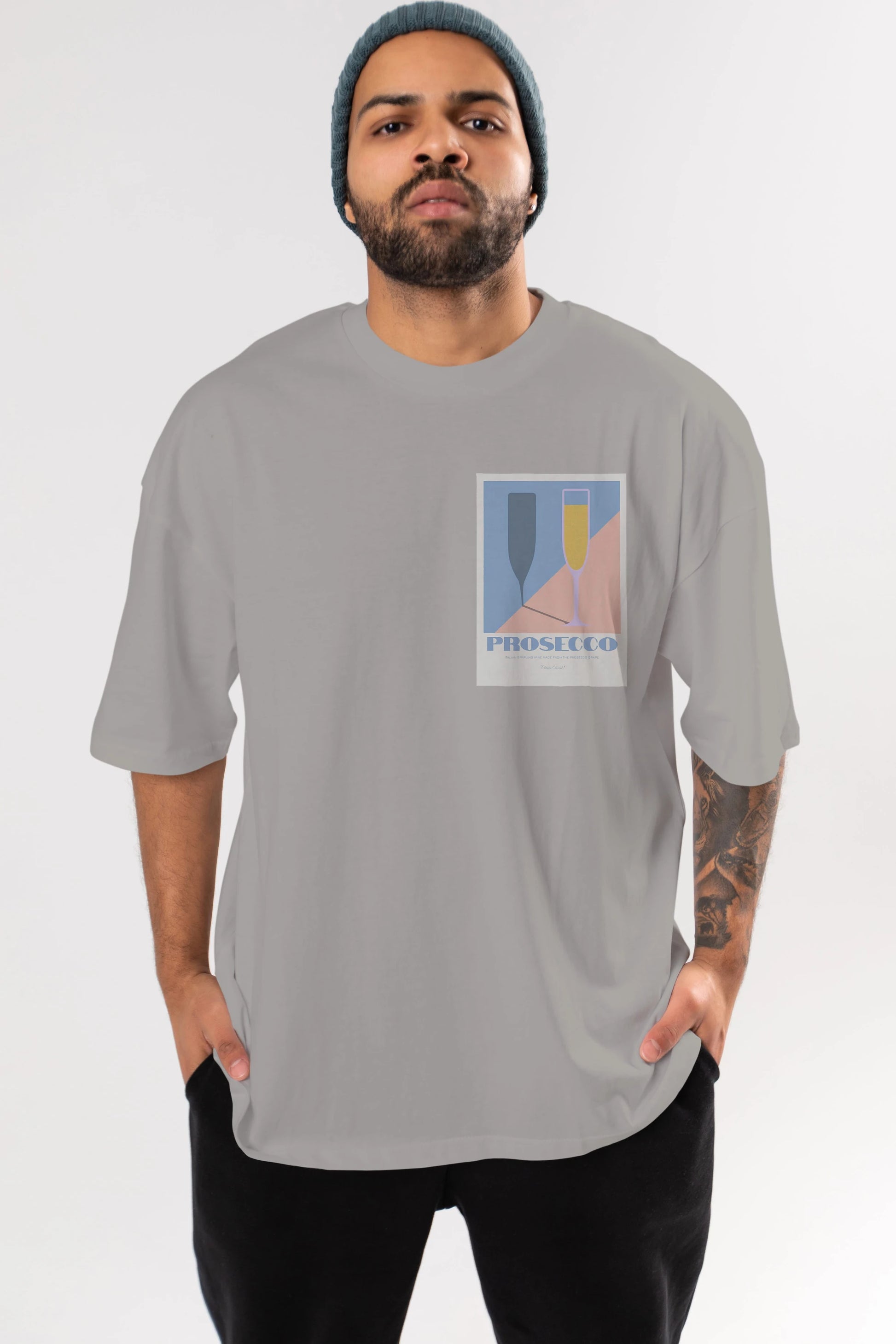 Prosecco Ön Sol Baskılı Oversize t-shirt Erkek Kadın Unisex %100 Pamuk Bisiklet Yaka tişort