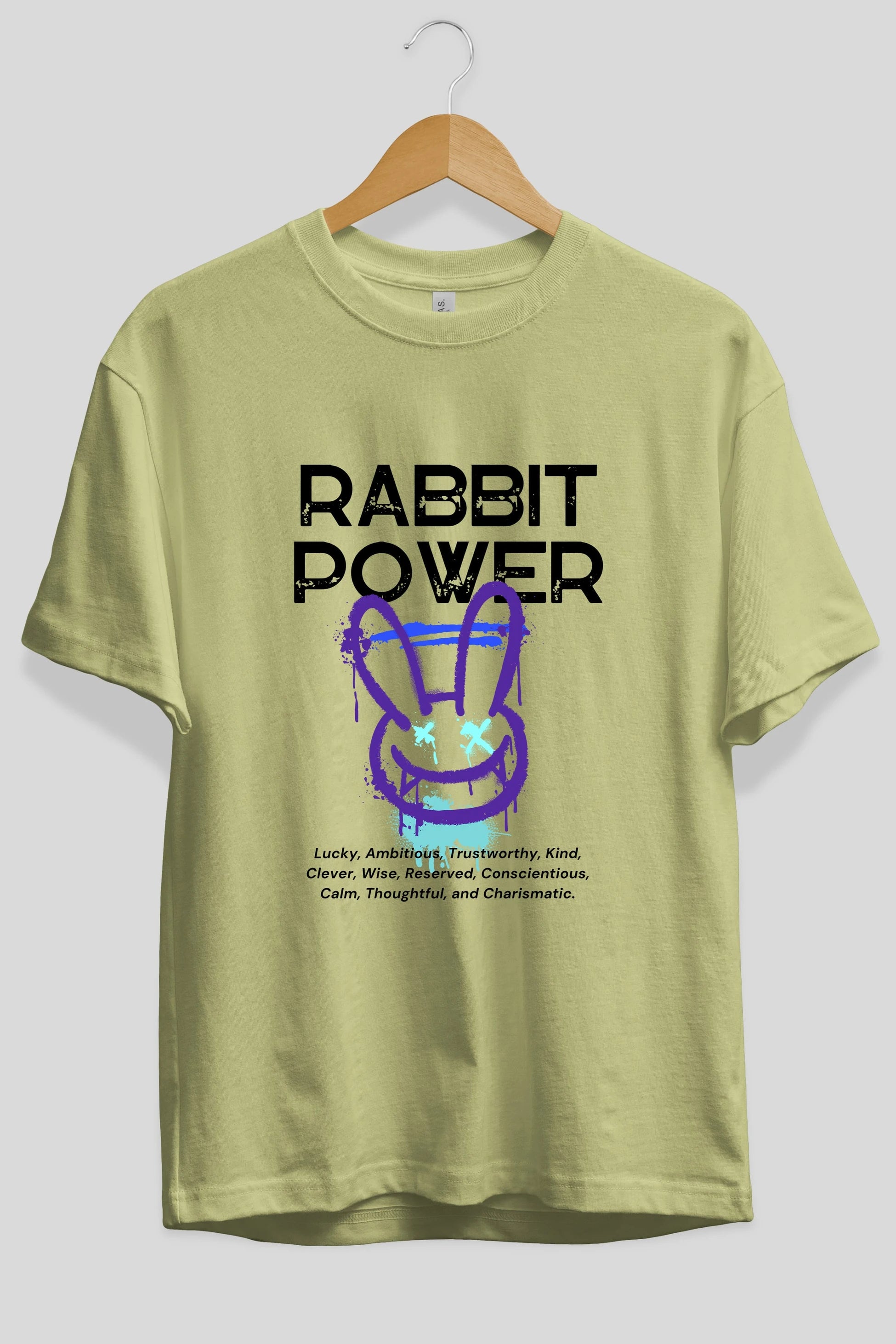 Rabbit Power Yazılı Ön Baskılı Oversize t-shirt Erkek Kadın Unisex