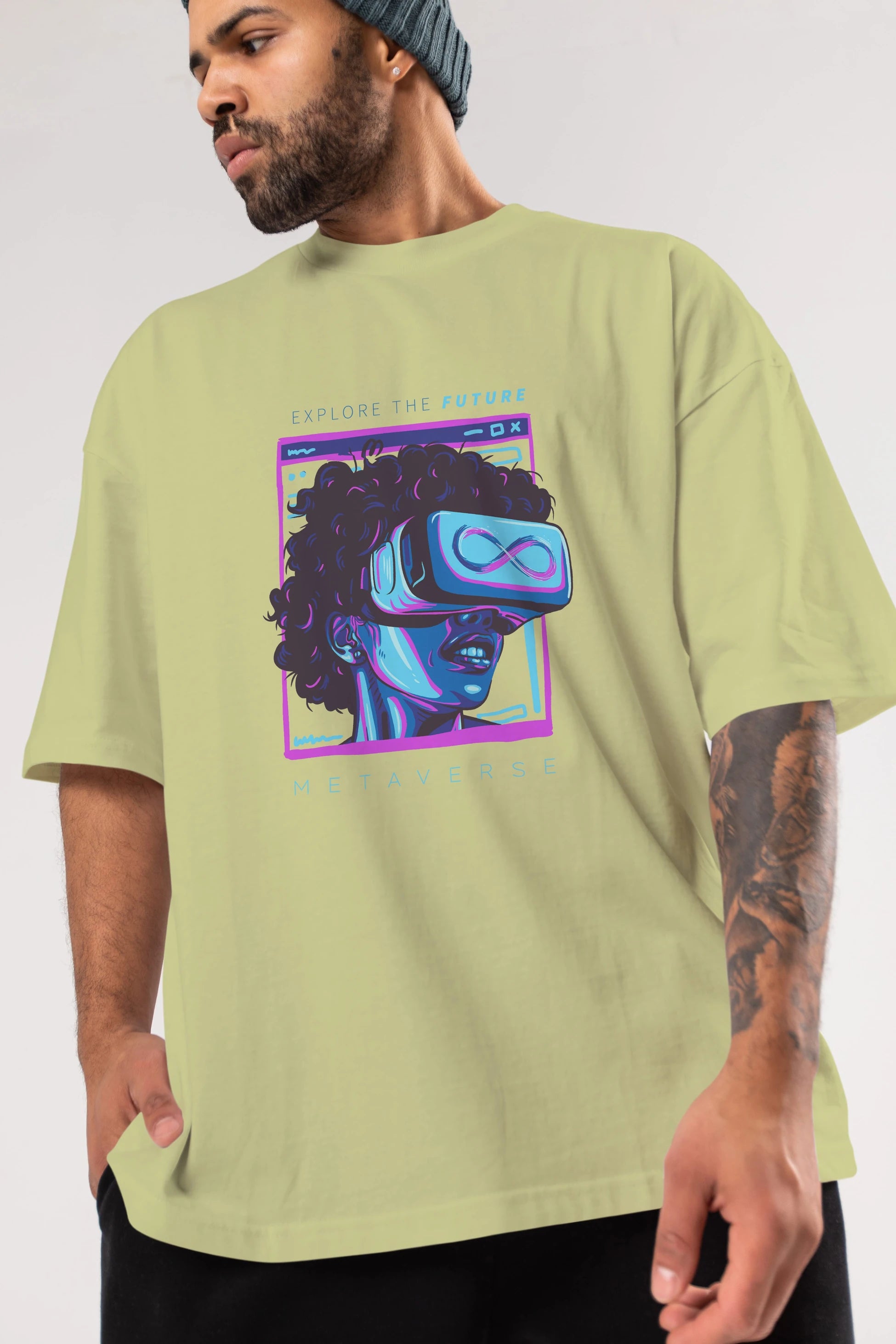 Metaverse Ön Baskılı Oversize t-shirt Erkek Kadın Unisex