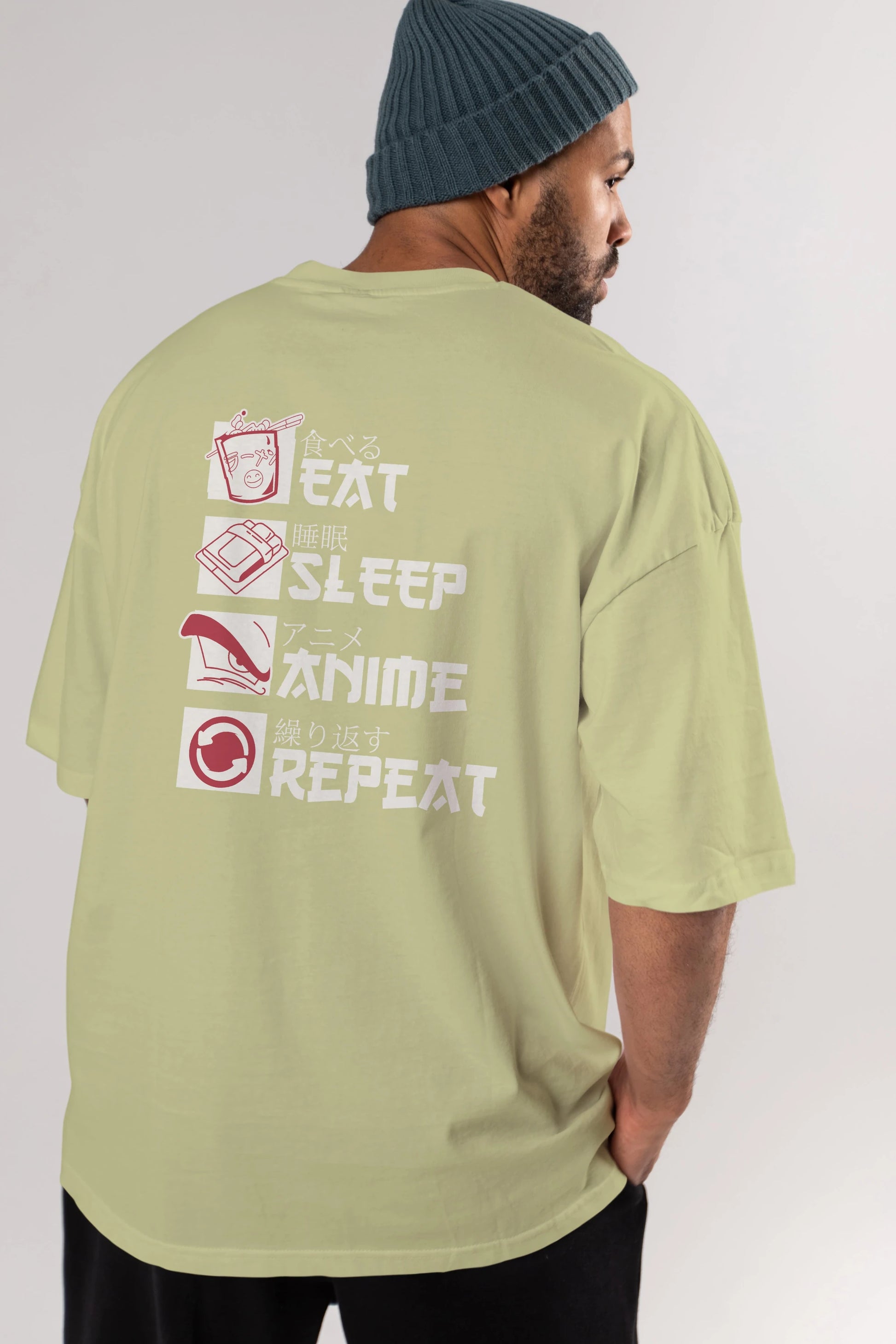 Eat, Sleep, Anime, Repeat Anime Arka Baskılı Oversize t-shirt Erkek Kadın Unisex