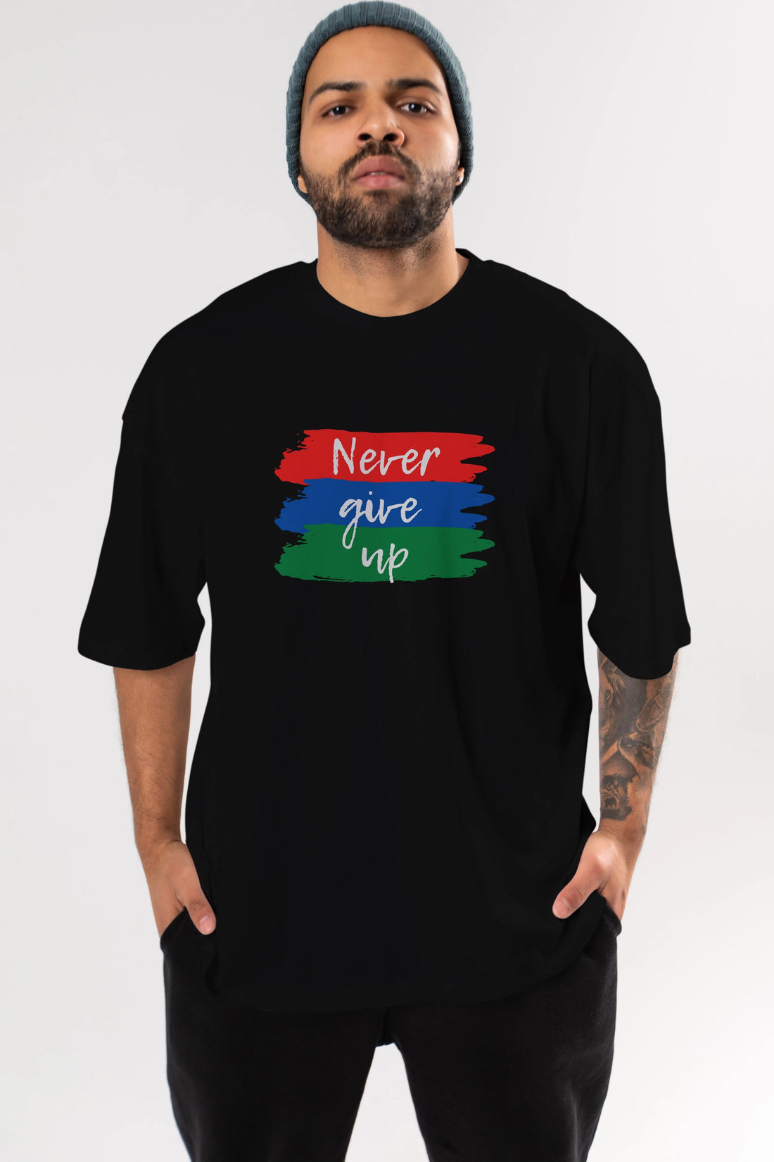 Never Give Up Yazılı Ön Baskılı Oversize t-shirt Erkek Kadın Unisex