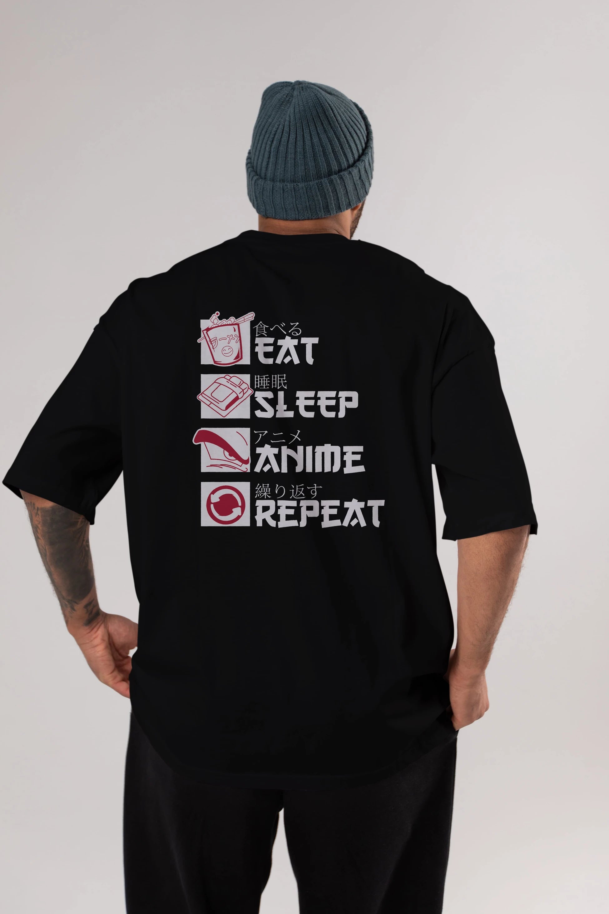 Eat, Sleep, Anime, Repeat Anime Arka Baskılı Oversize t-shirt Erkek Kadın Unisex