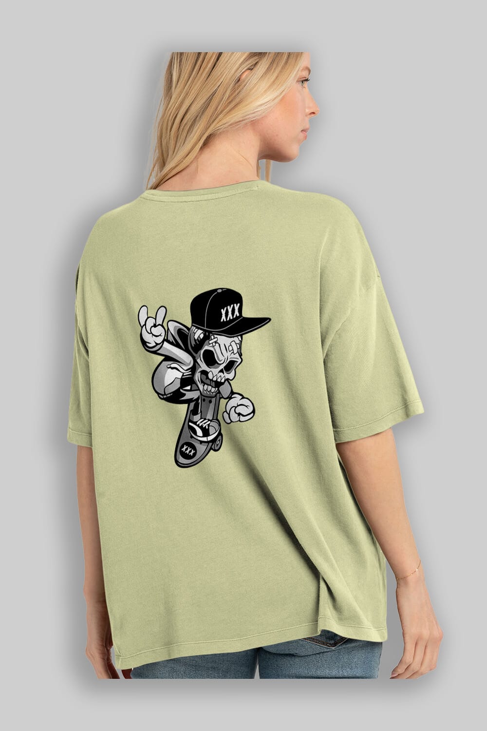Skull Skateboard Arka Baskılı Oversize t-shirt Erkek Kadın Unisex %100 Pamuk tişort