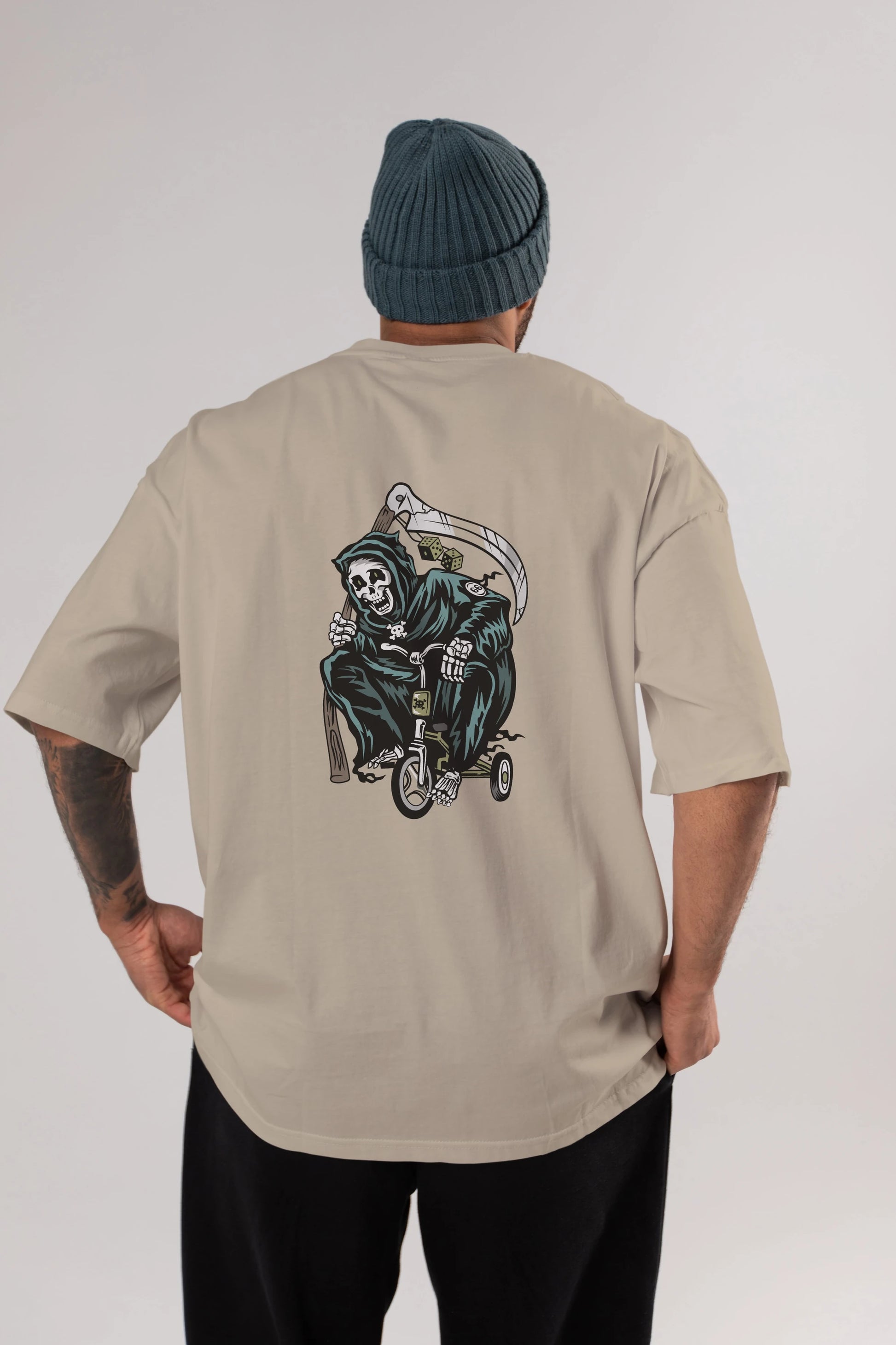Grim Reaper Bicycle Arka Baskılı Oversize t-shirt Erkek Kadın Unisex %100 Pamuk tişort
