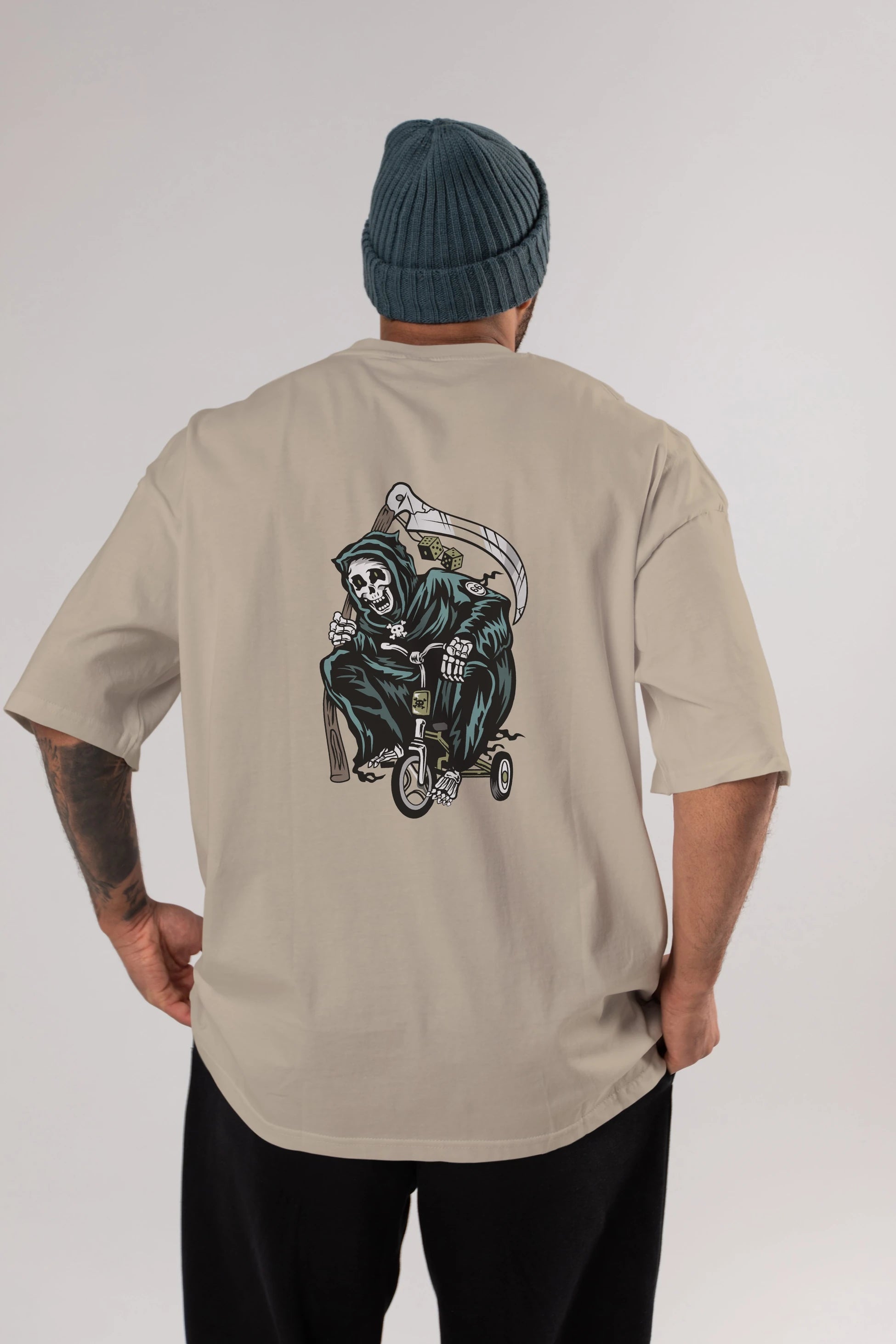 Grim Reaper Bicycle Arka Baskılı Oversize t-shirt Erkek Kadın Unisex %100 Pamuk tişort