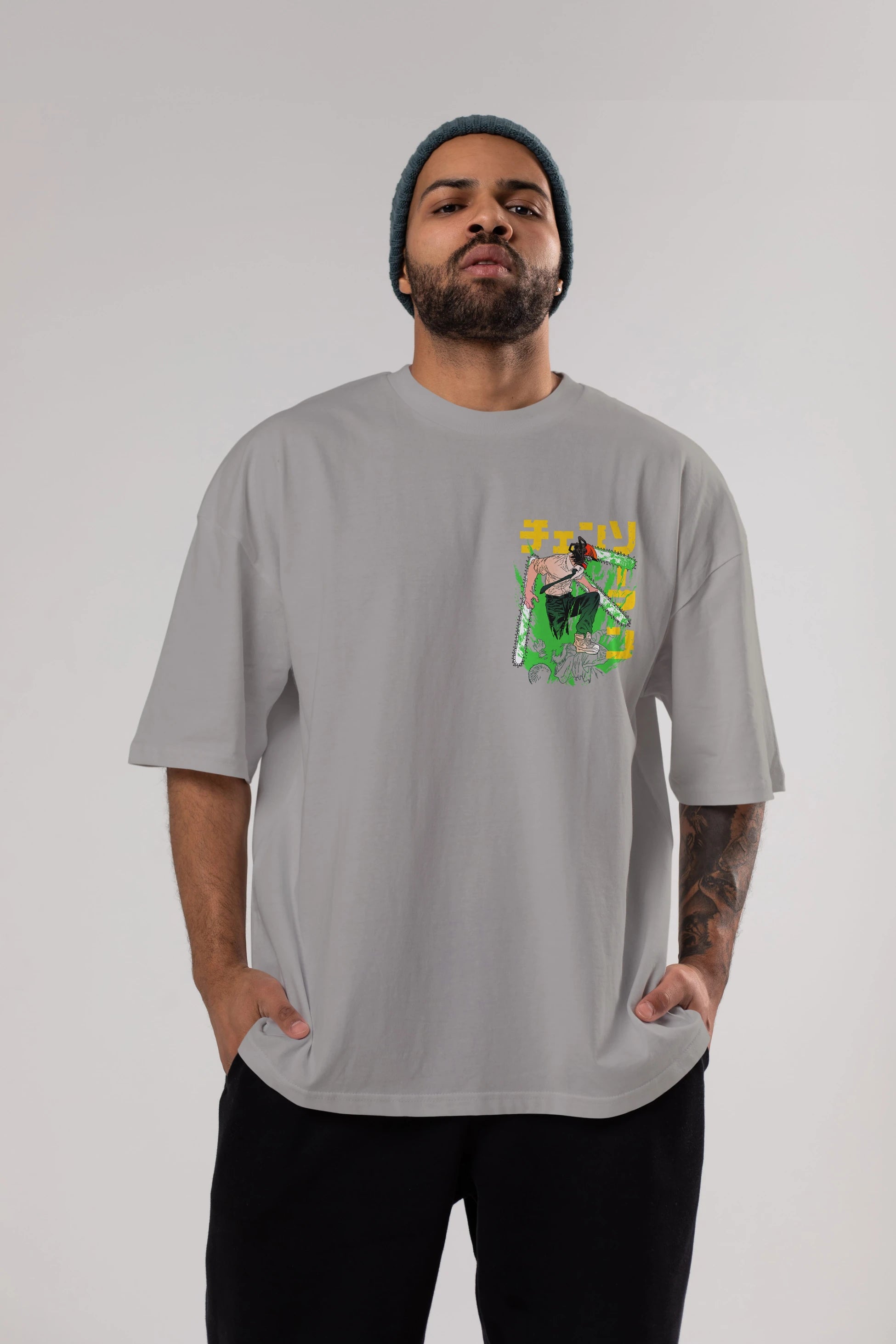 CHAINSAWMAN DENJI Ön Sol Baskılı Oversize t-shirt Erkek Kadın Unisex %100 Pamuk Bisiklet Yaka tişort