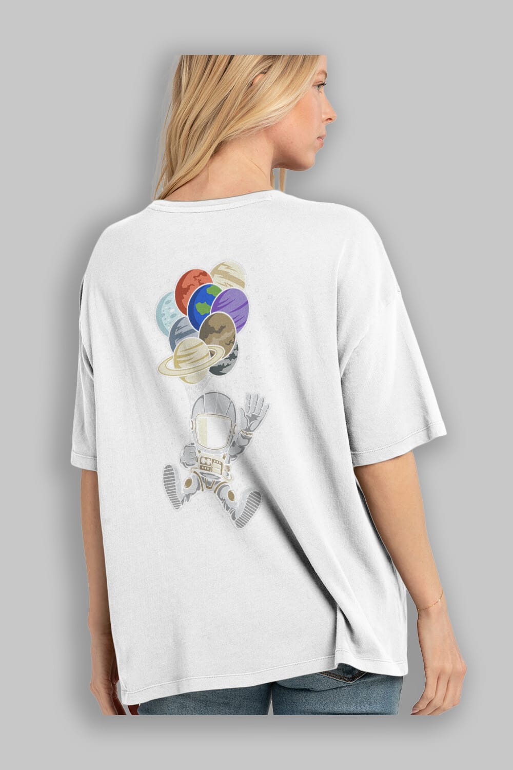 Astronaut Baloon Planets Arka Baskılı Oversize t-shirt Erkek Kadın Unisex