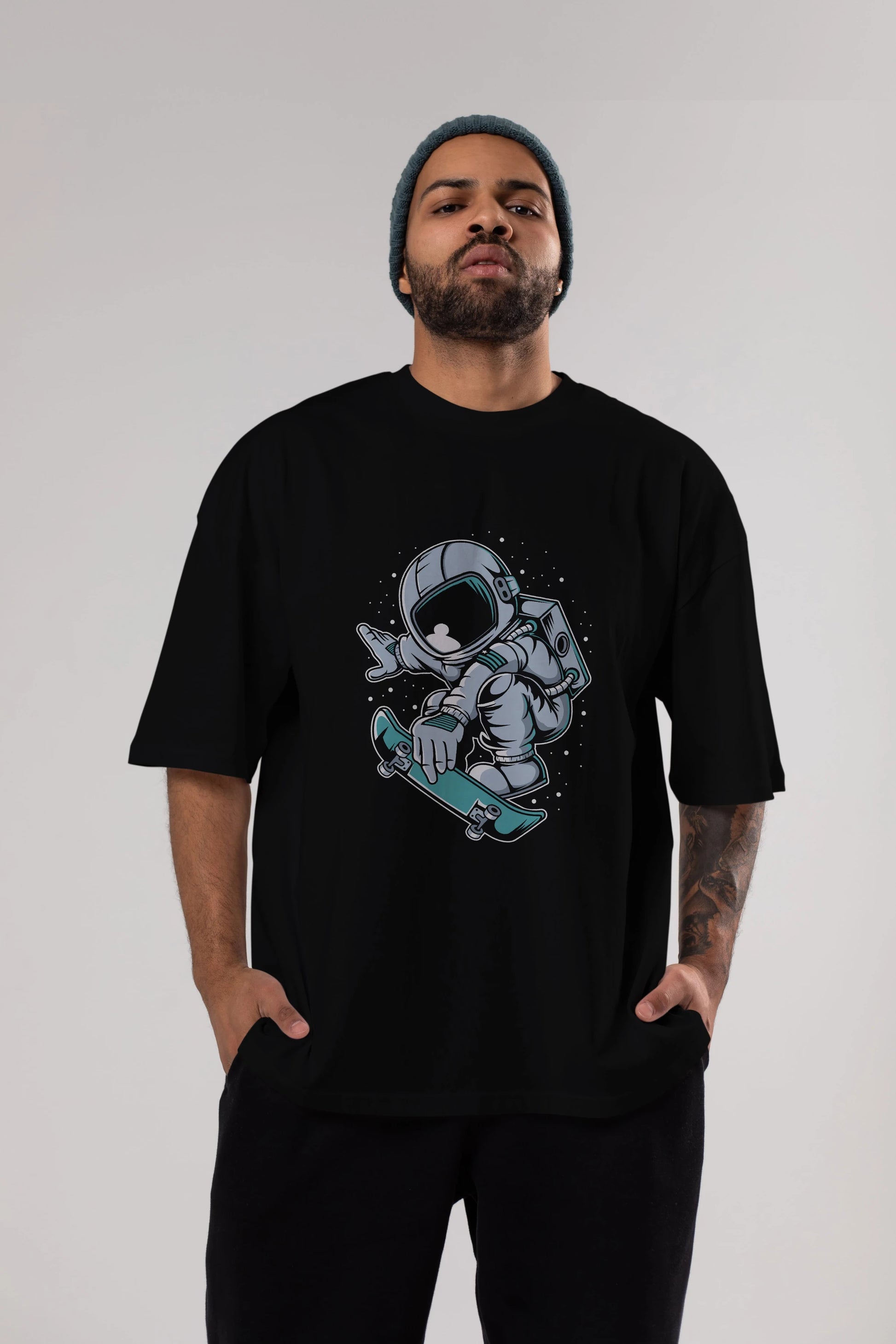 Astronaut Skateboard Jump Ön Baskılı Oversize t-shirt Erkek Kadın Unisex