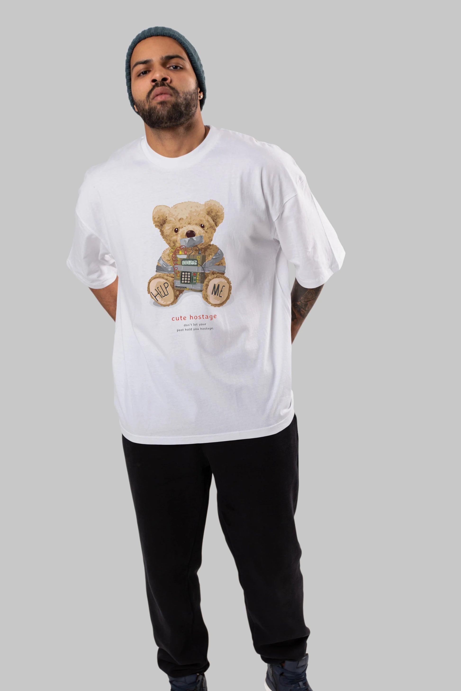Teddy Bear Help Me Ön Baskılı Oversize t-shirt Erkek Kadın Unisex %100 Pamuk