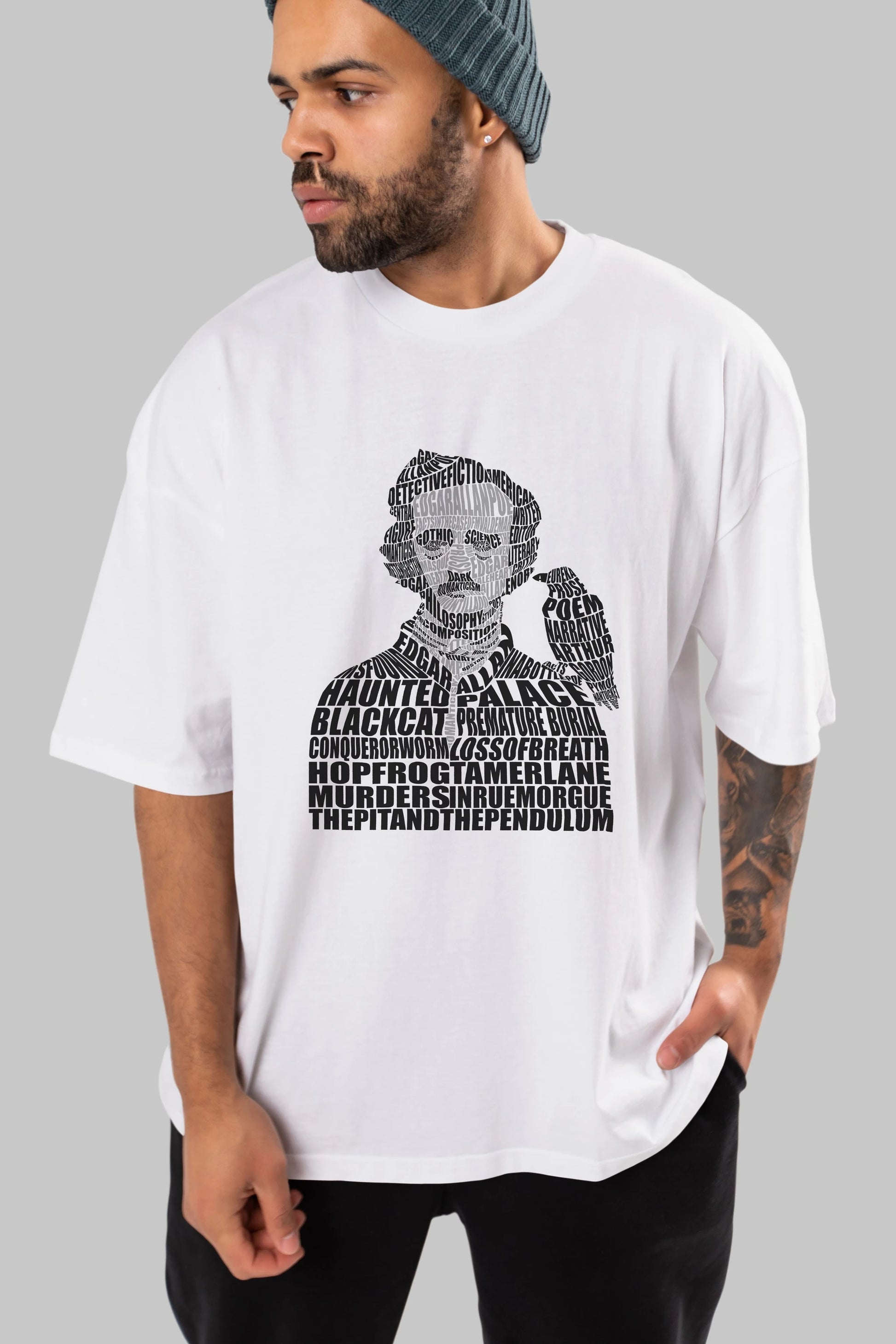 Edgar Alan Poe Calligram Ön Baskılı Oversize t-shirt %100 pamuk Erkek Kadın Unisex