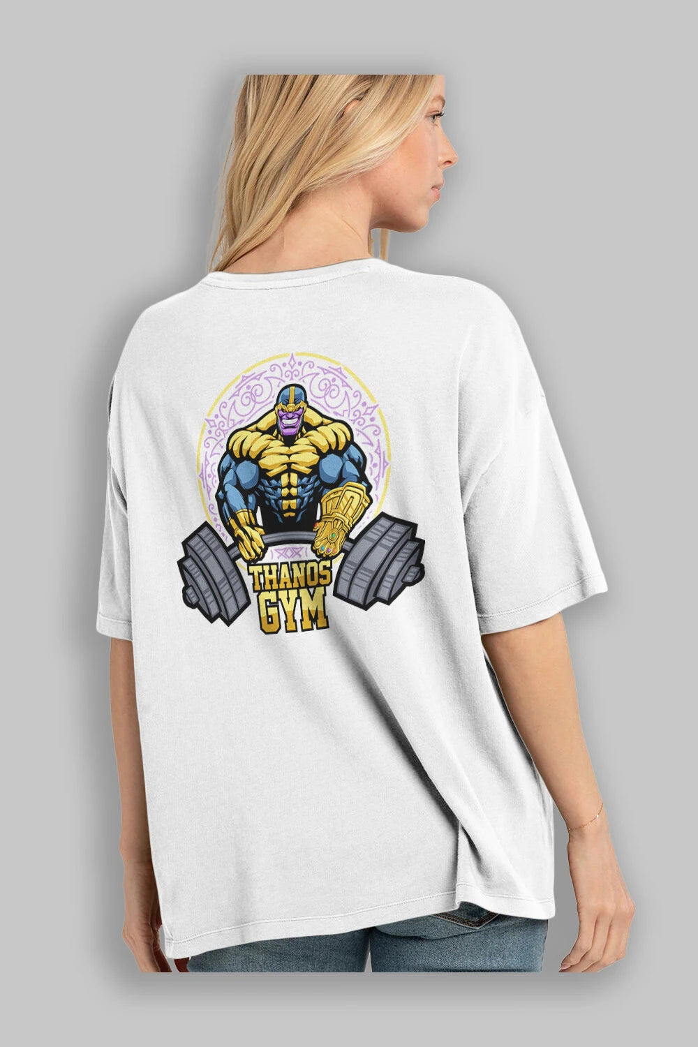Thanos GYM Arka Baskılı Oversize t-shirt Erkek Kadın Unisex %100 Pamuk Bisiklet Yaka tişort