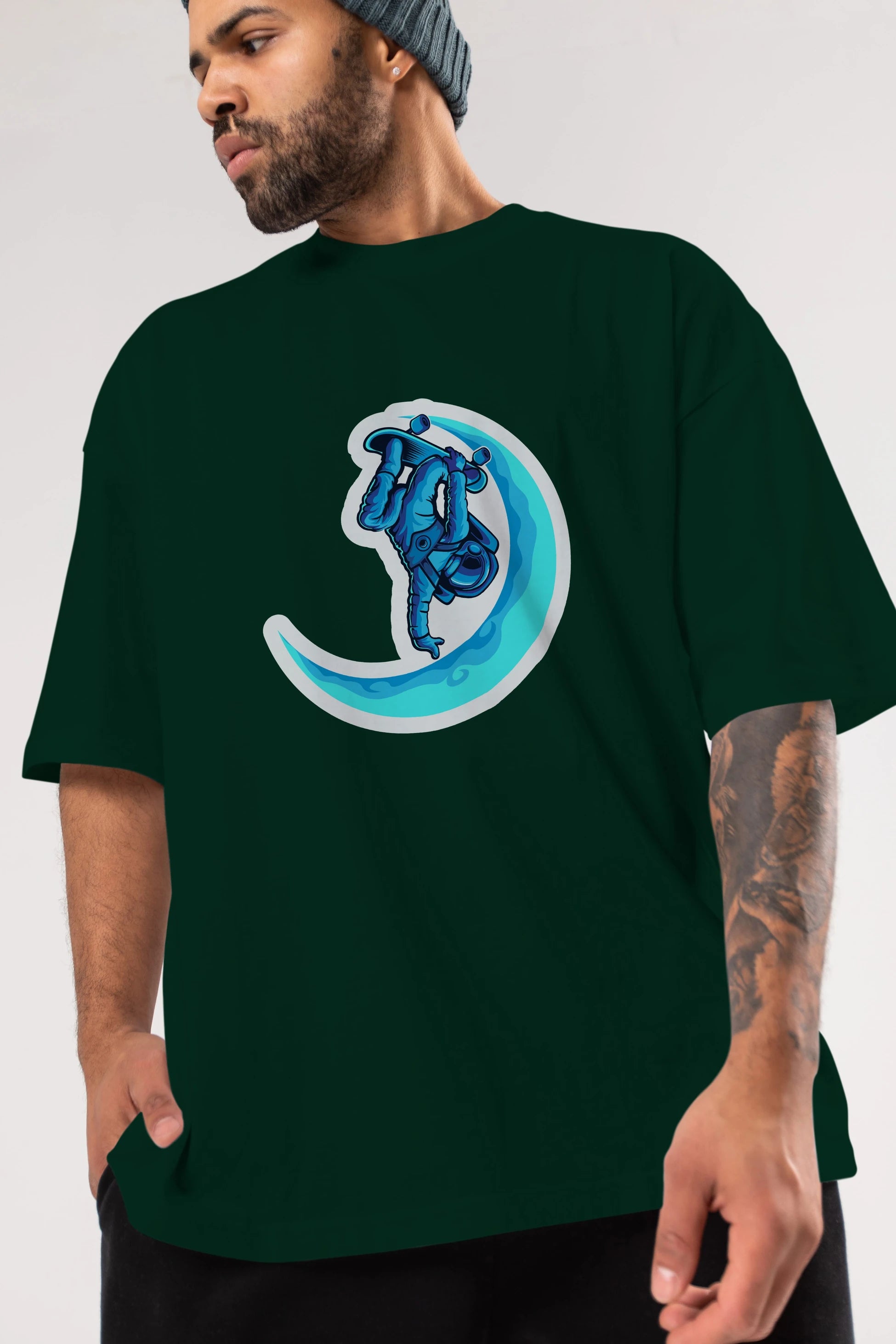 Skating on the moon sticker Ön Baskılı Oversize t-shirt Erkek Kadın Unisex