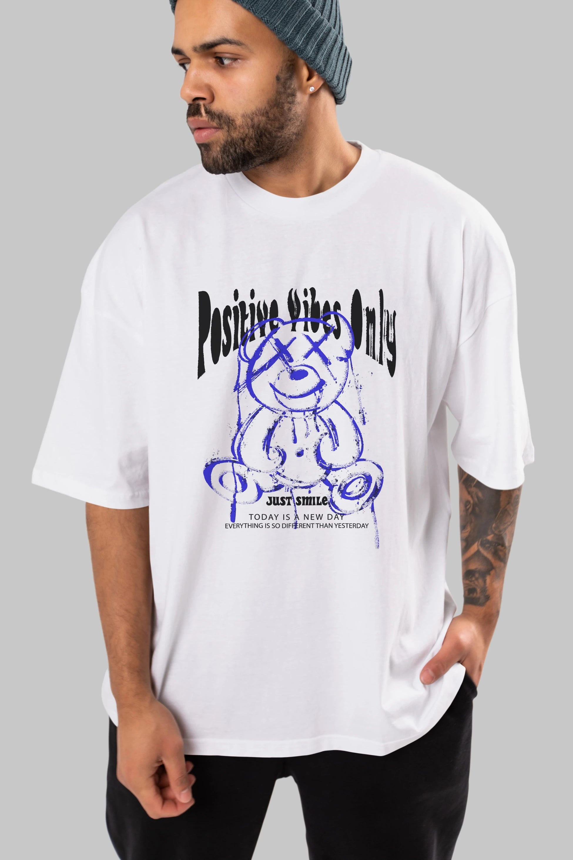 Positive Vibes Only Bear Ön Baskılı Oversize t-shirt Erkek Kadın Unisex